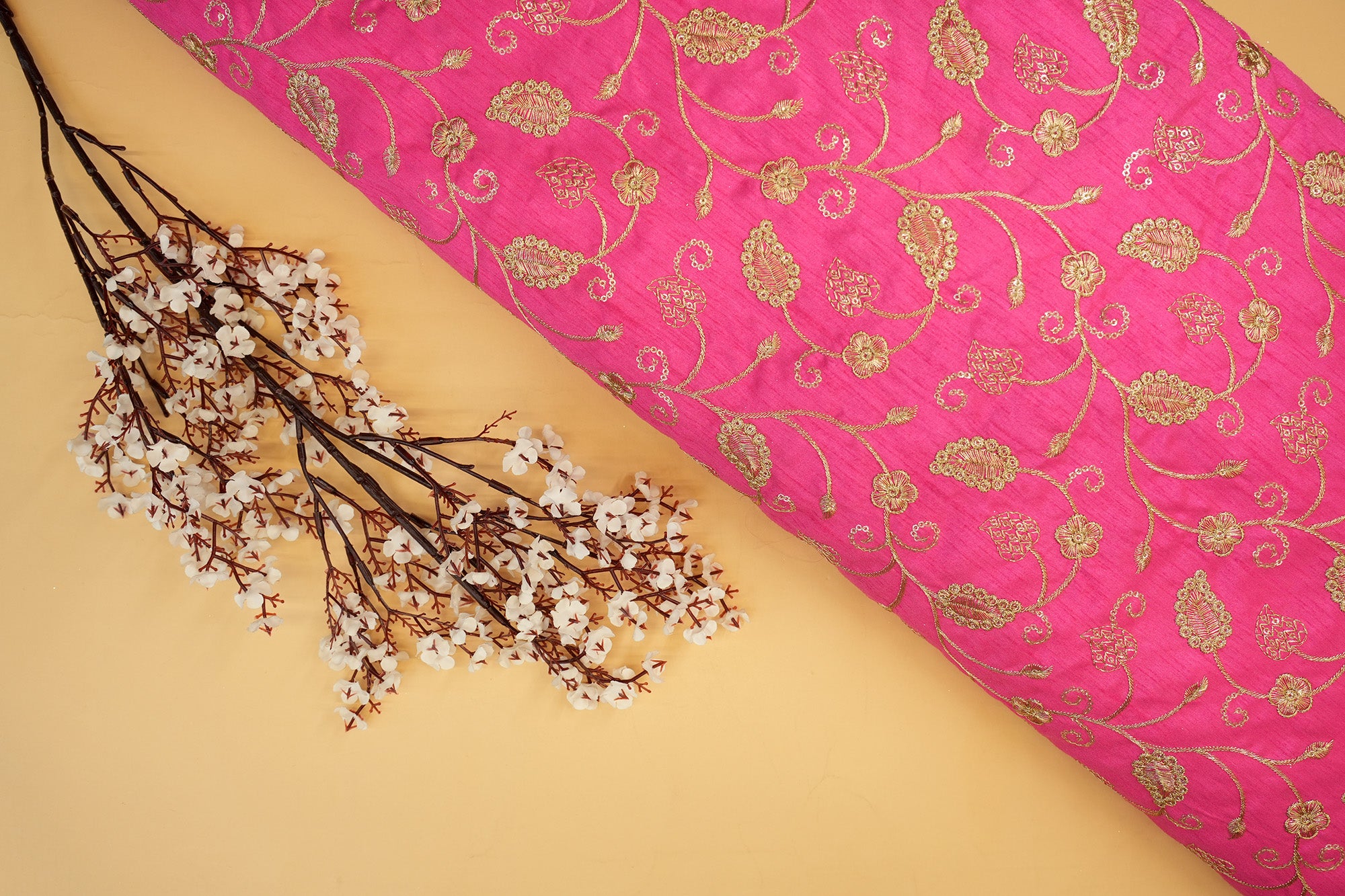 Bright Pink Silk dupion with Zari & Sequins Floral Elegance