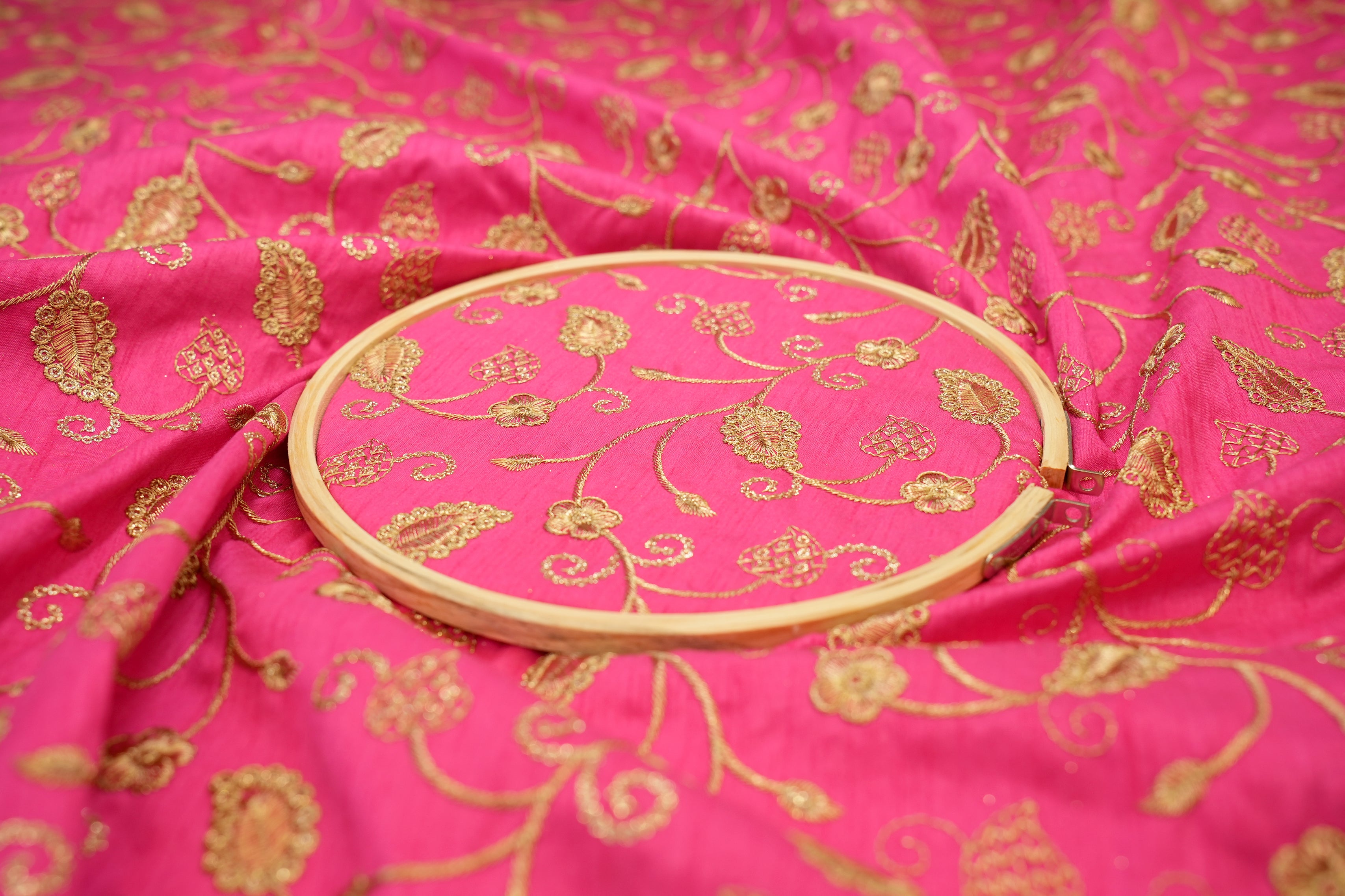 Bright Pink Silk dupoin with Zari & Sequins Floral Elegance