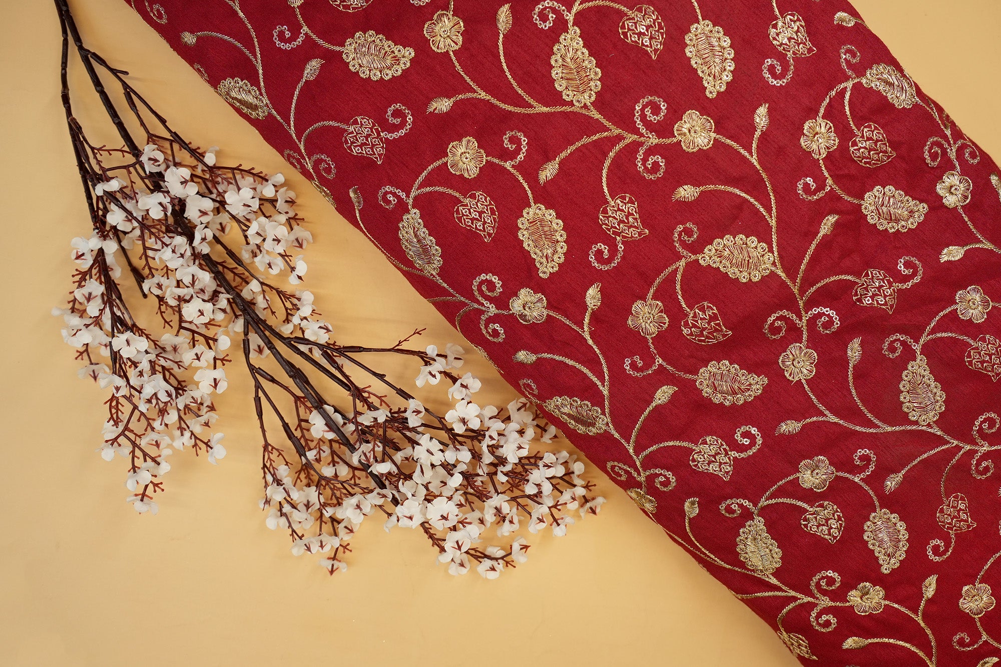 Maroon Silk dupion with Zari & Sequins Floral Elegance