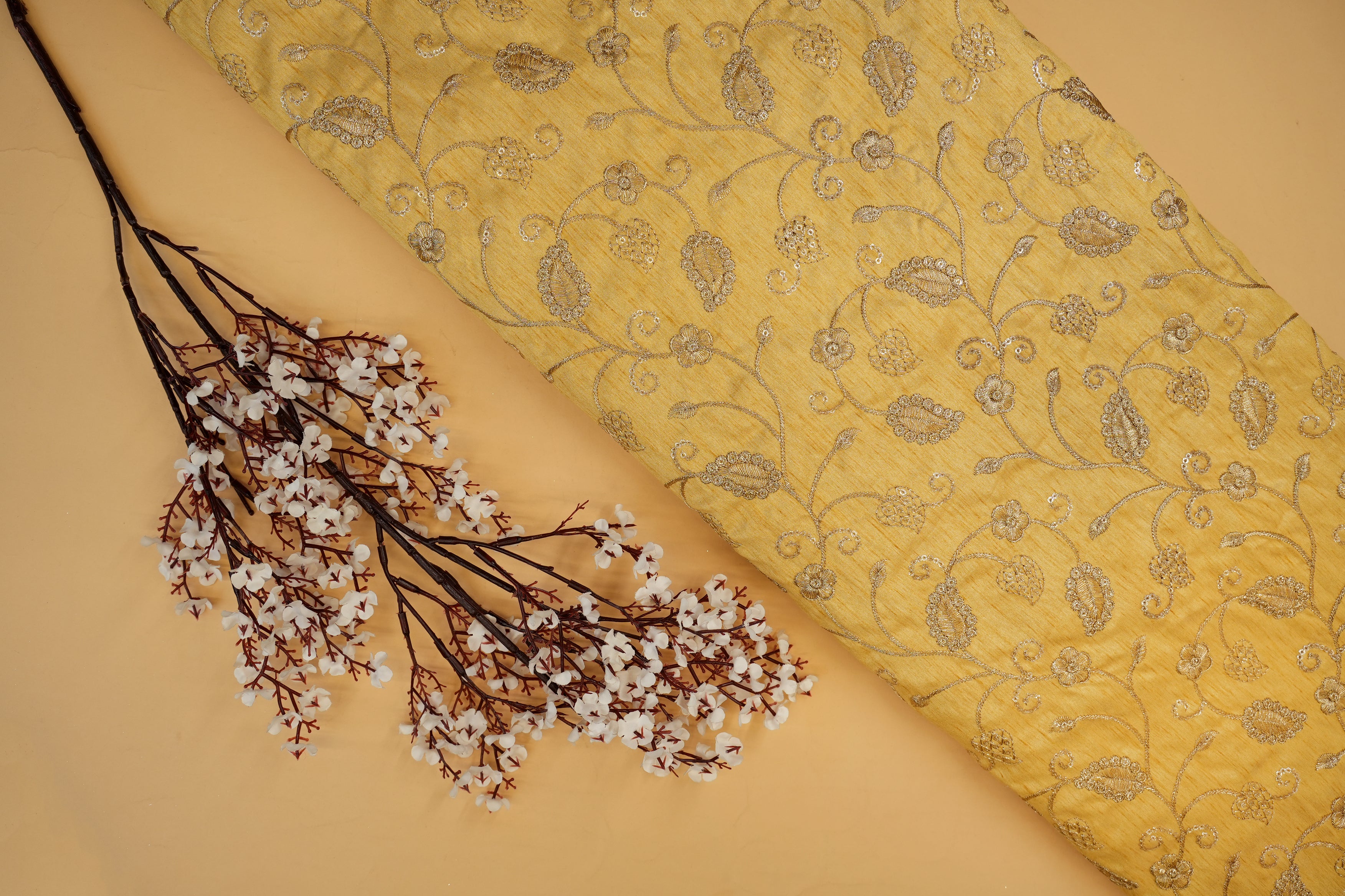 Golden Silk dupoin with Zari & Sequins Floral Elegance