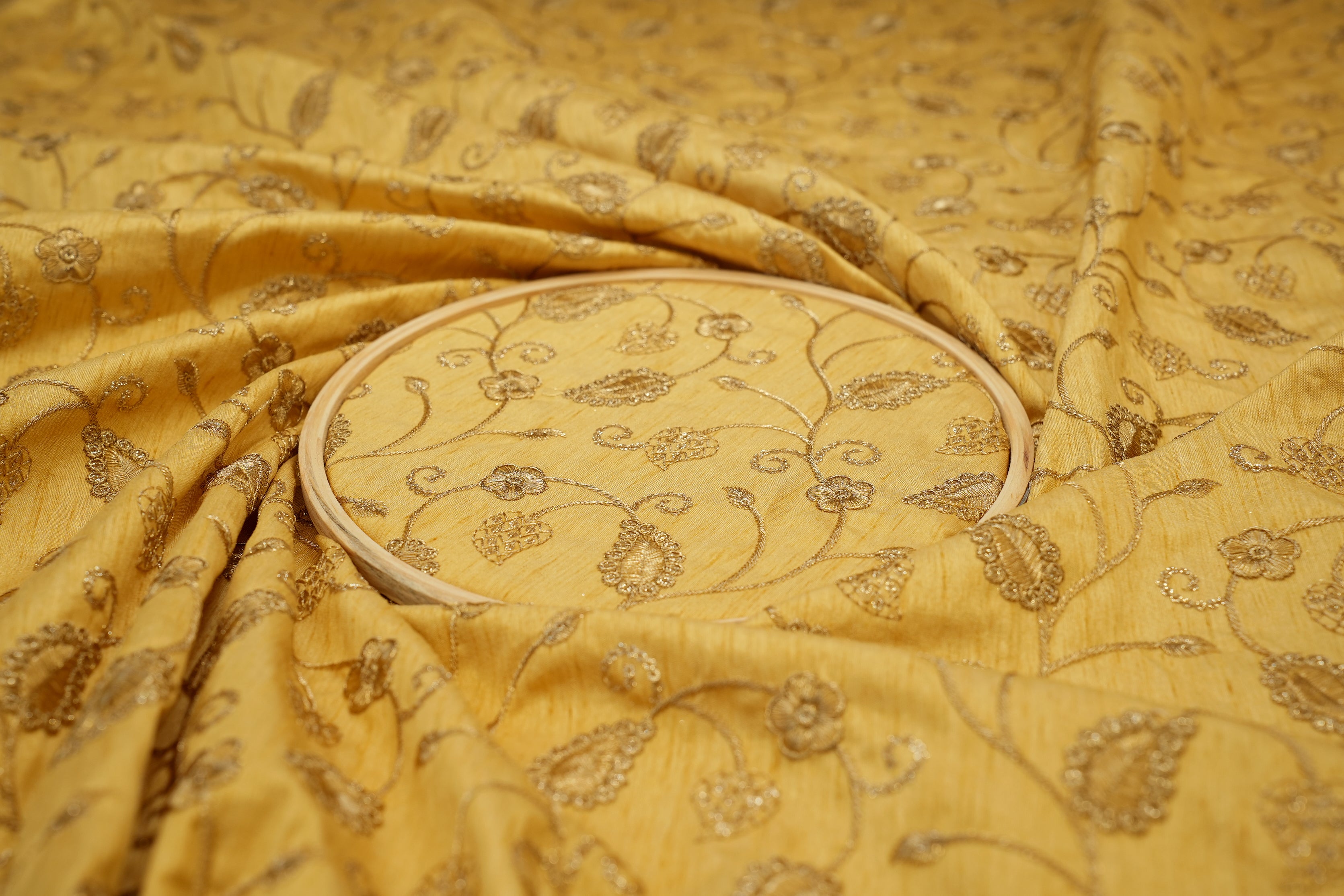 Golden Silk dupoin with Zari & Sequins Floral Elegance