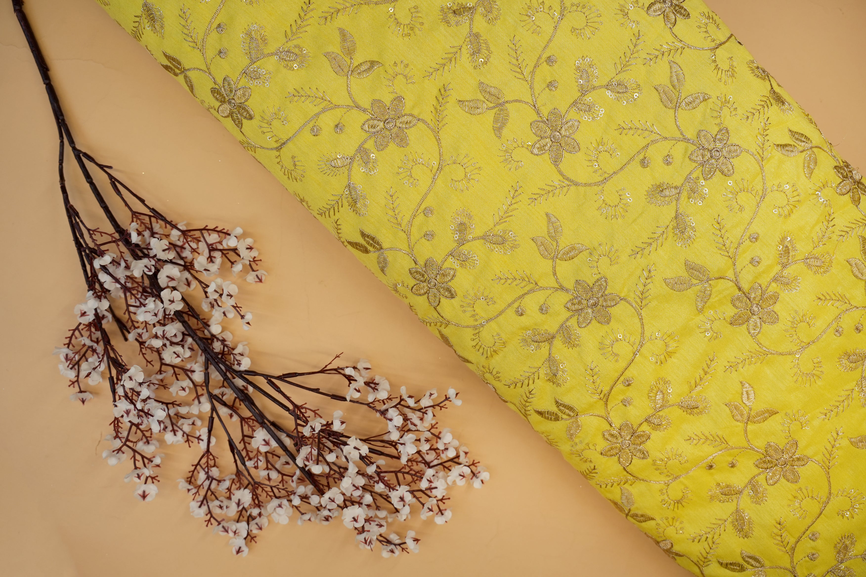 Yellow Silk dupoin with Zari & Glitter Floral Sequins