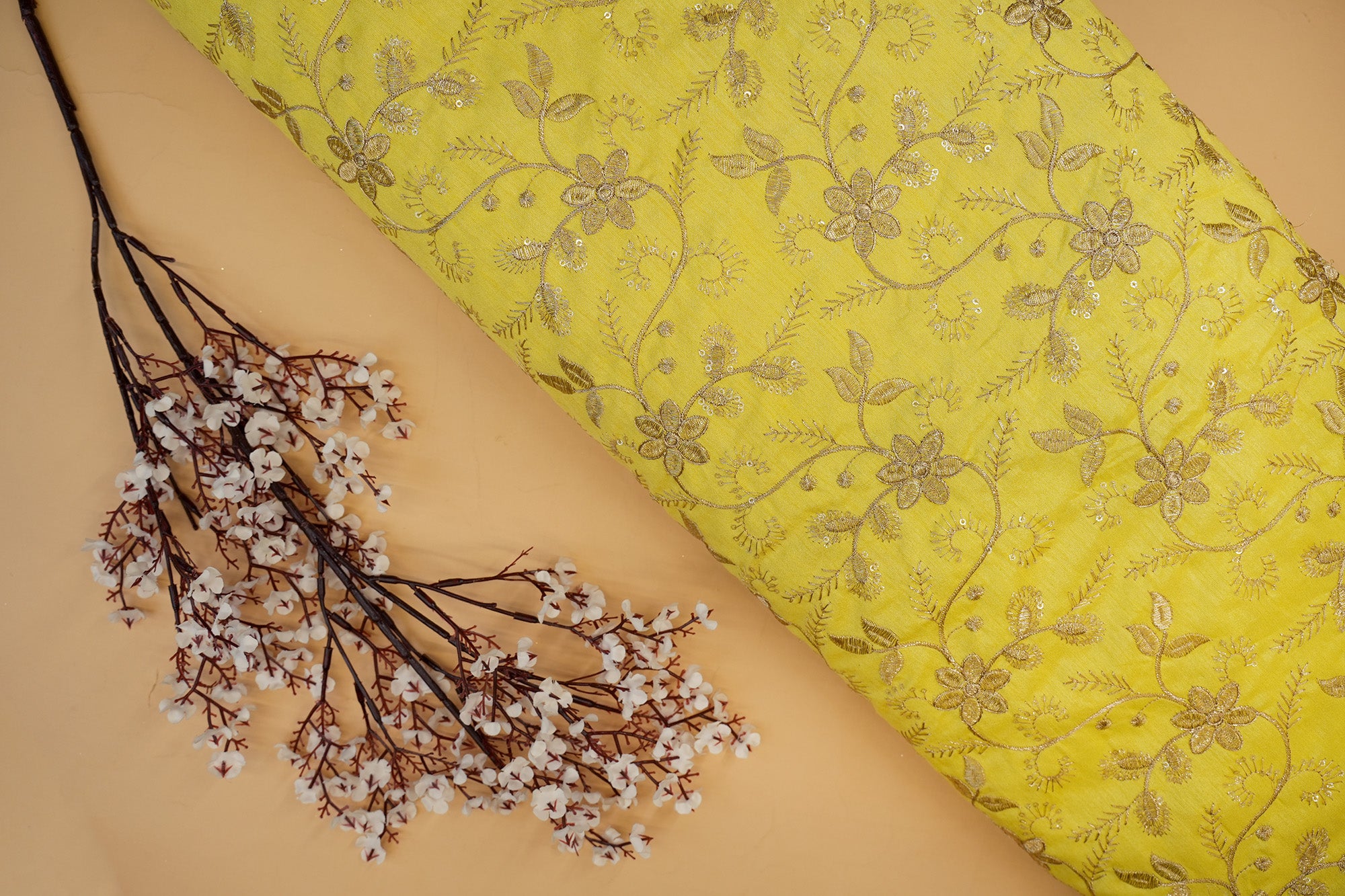 Yellow Silk dupion with Zari & Glitter Floral Sequins