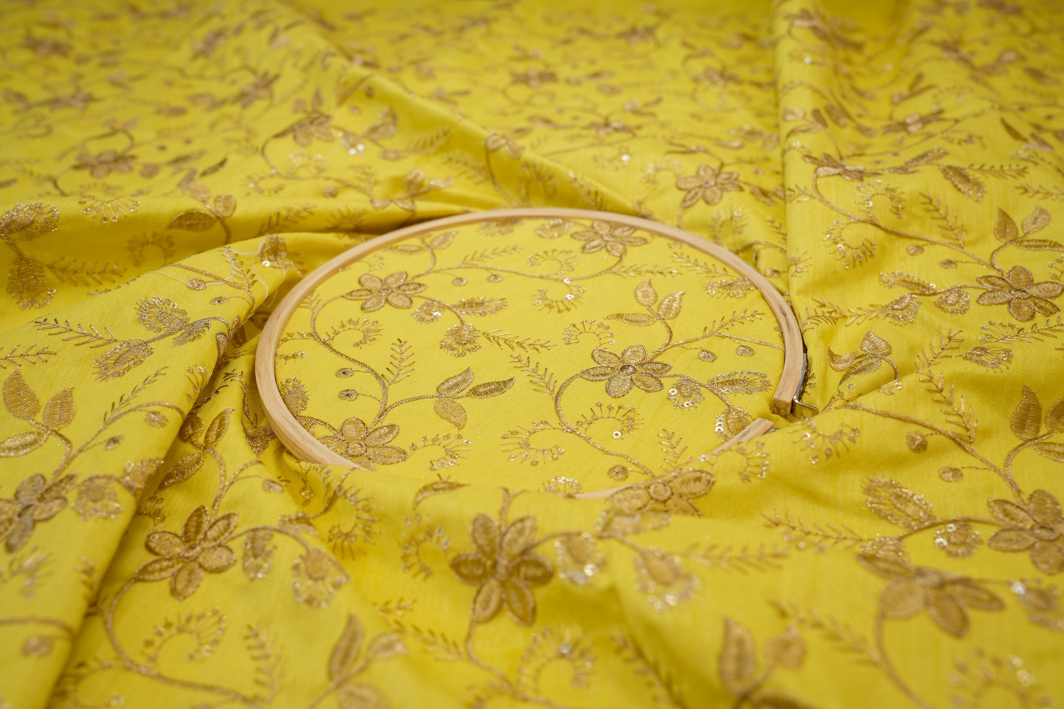 Yellow Silk dupoin with Zari & Glitter Floral Sequins