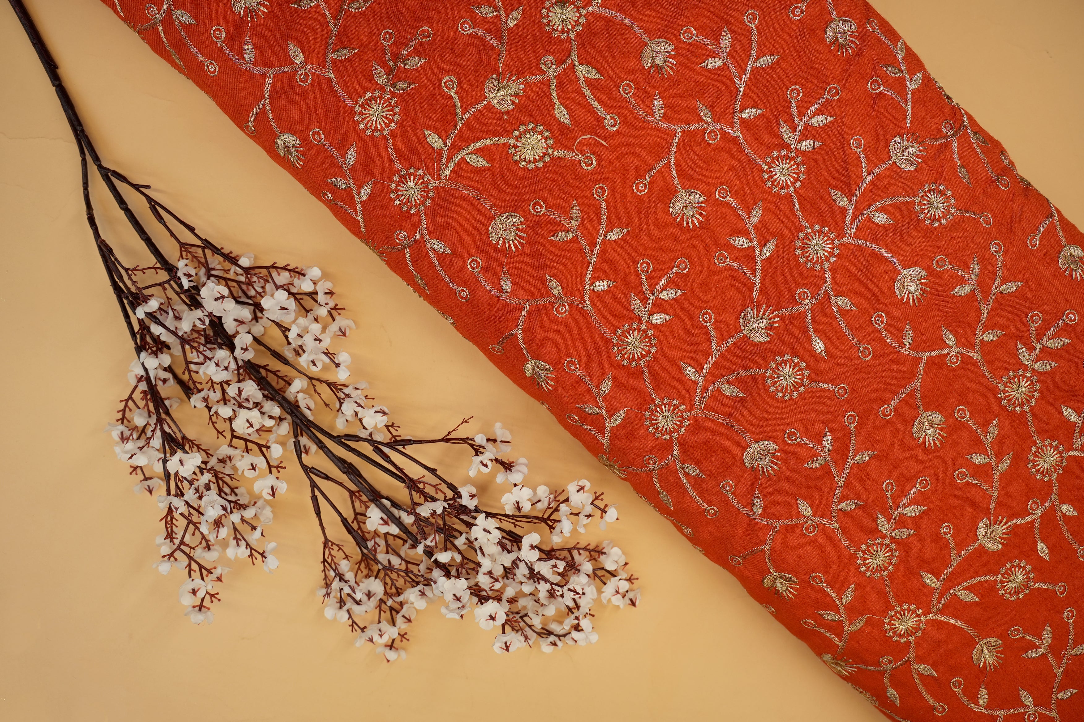 Orange Silk dupoin with Zari & Glitter Sequins Floral Delight