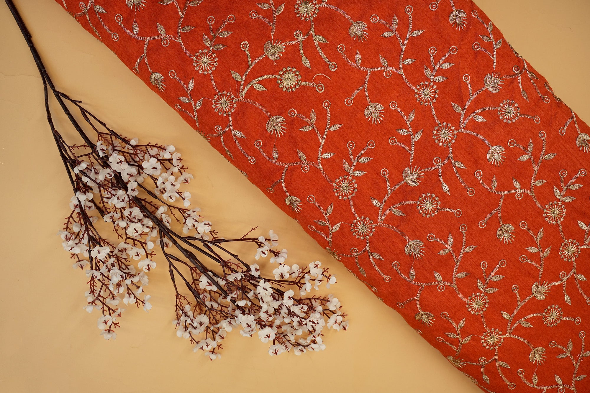 Orange Silk dupion with Zari & Glitter Sequins Floral Delight