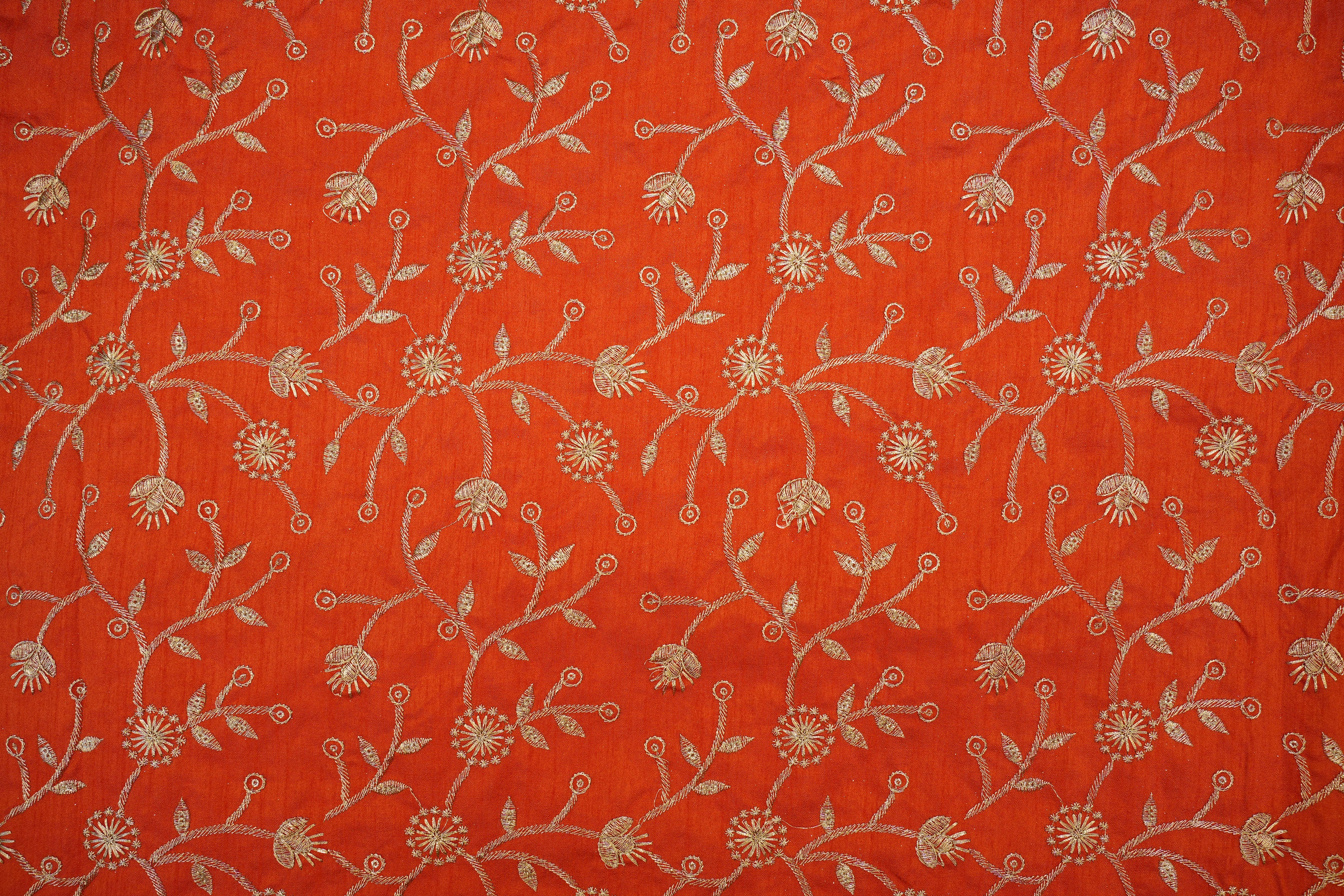 Orange Silk dupoin with Zari & Glitter Sequins Floral Delight