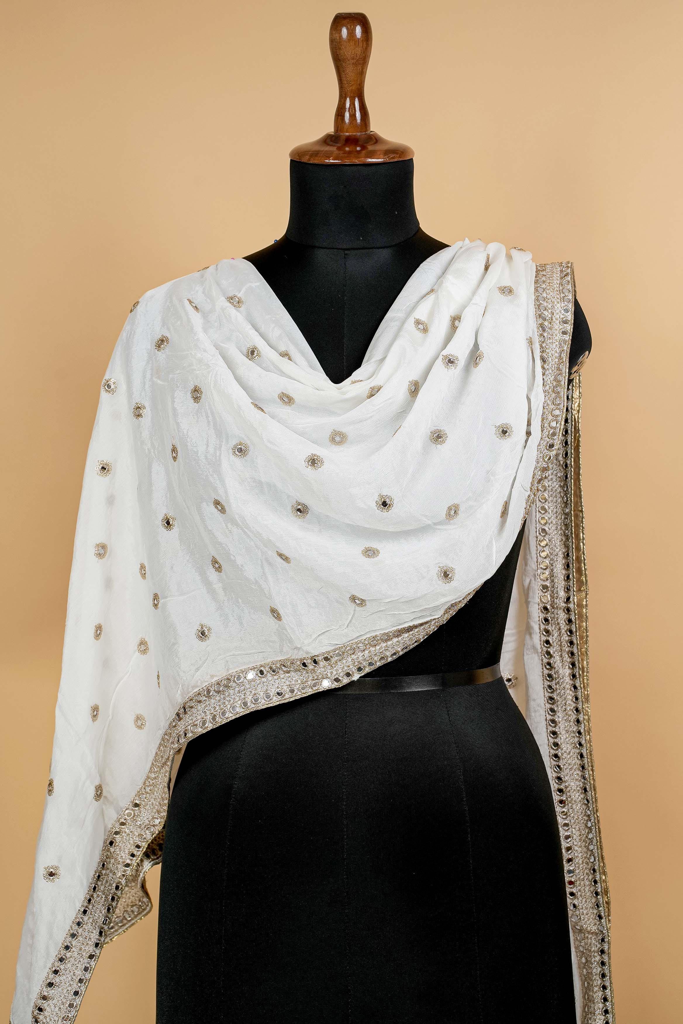 White Dupatta with Thread work, Sequins and Border