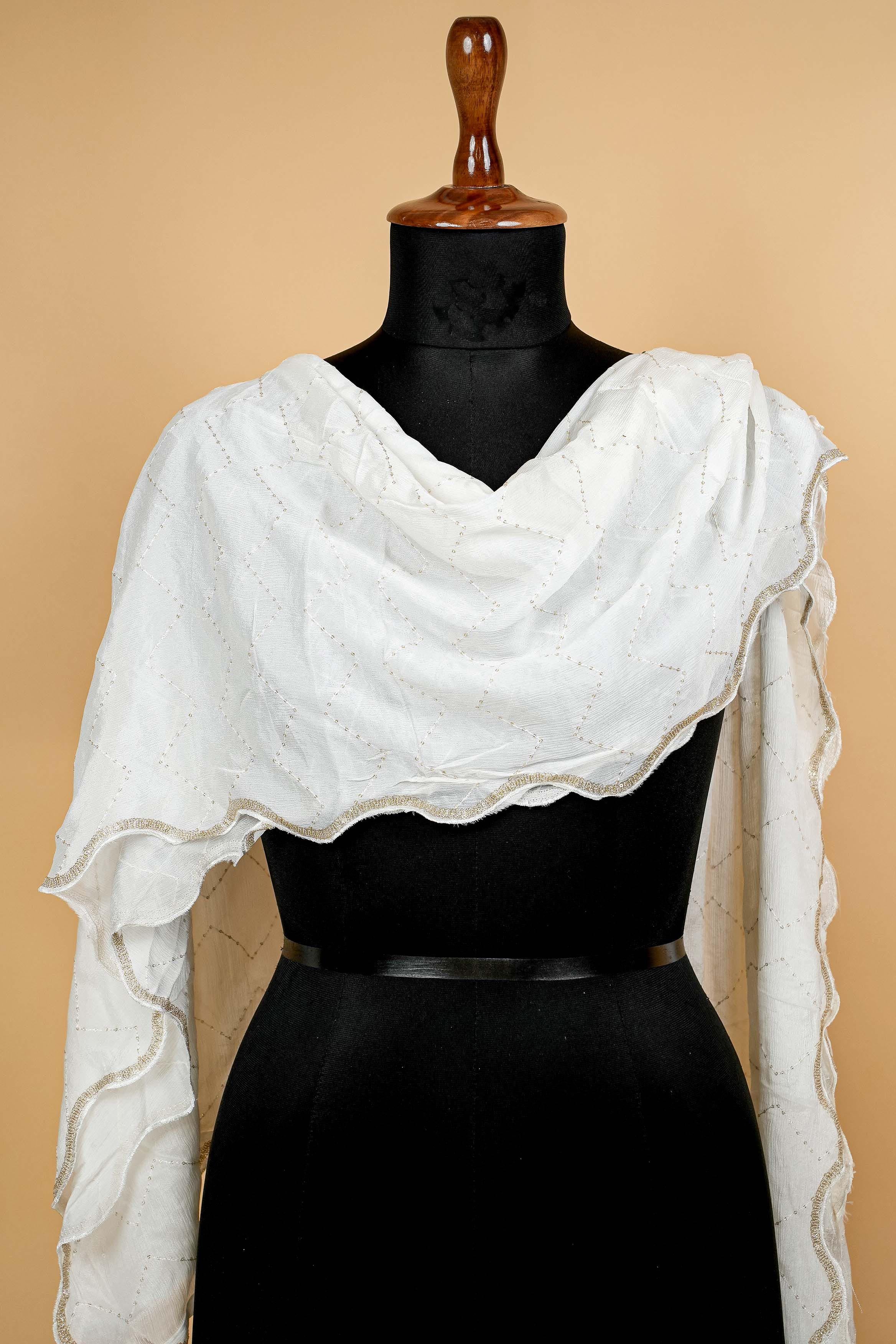 White Dupatta with Thread work, Sequins and Border