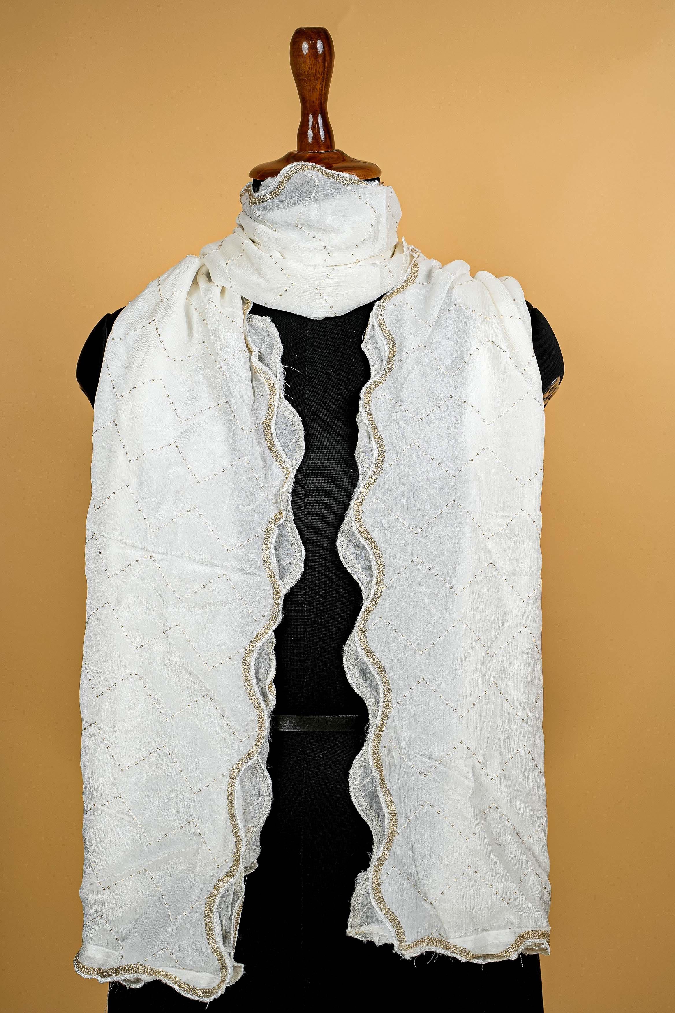 White Dupatta with Thread work, Sequins and Border