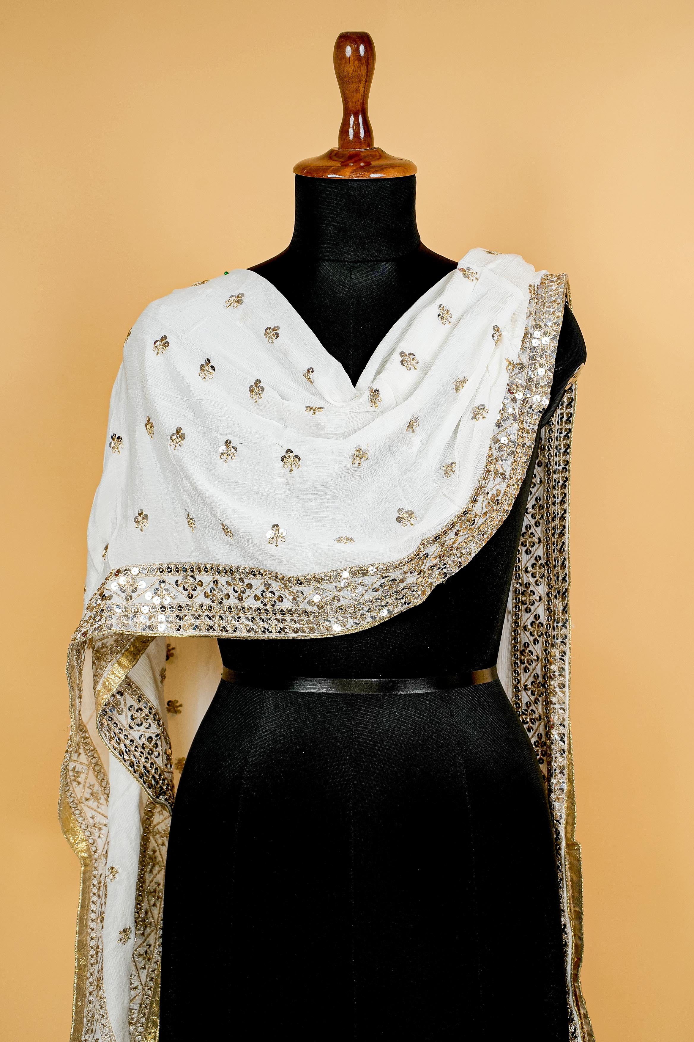 White Dupatta with Thread work, Sequins and Border