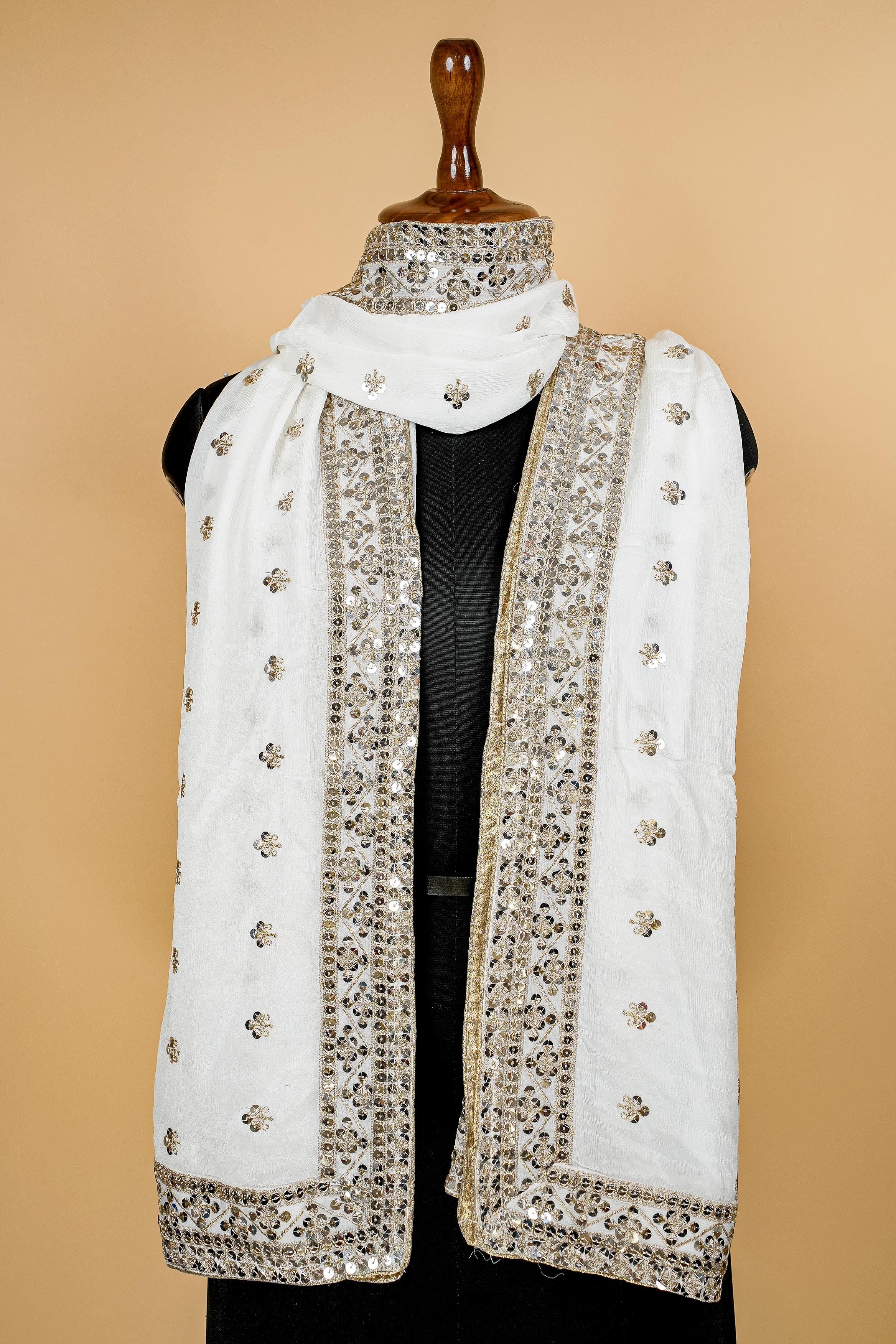 White Dupatta with Thread work, Sequins and Border