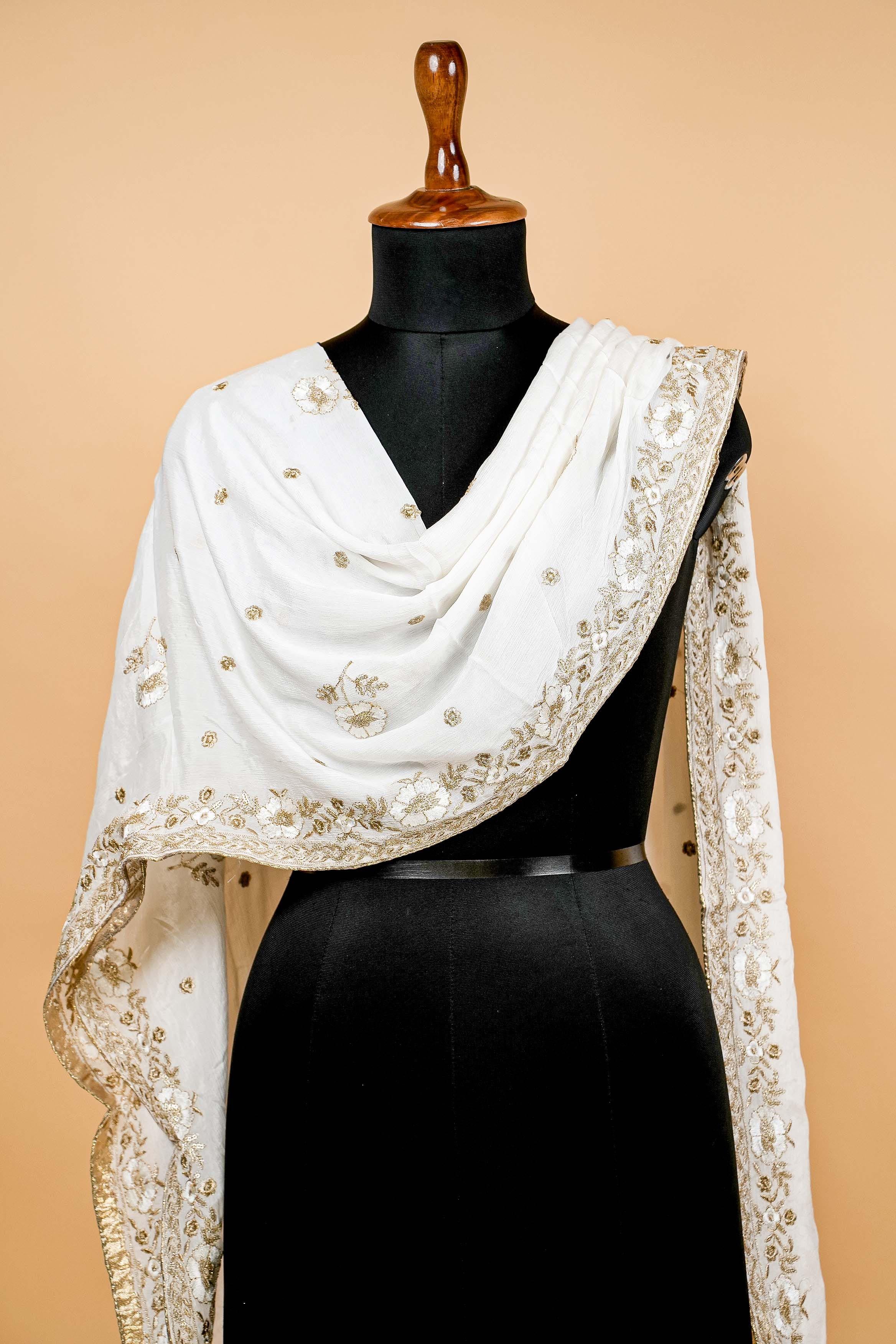 White Dupatta with Zari,sequins,threadwork and Scallop Border