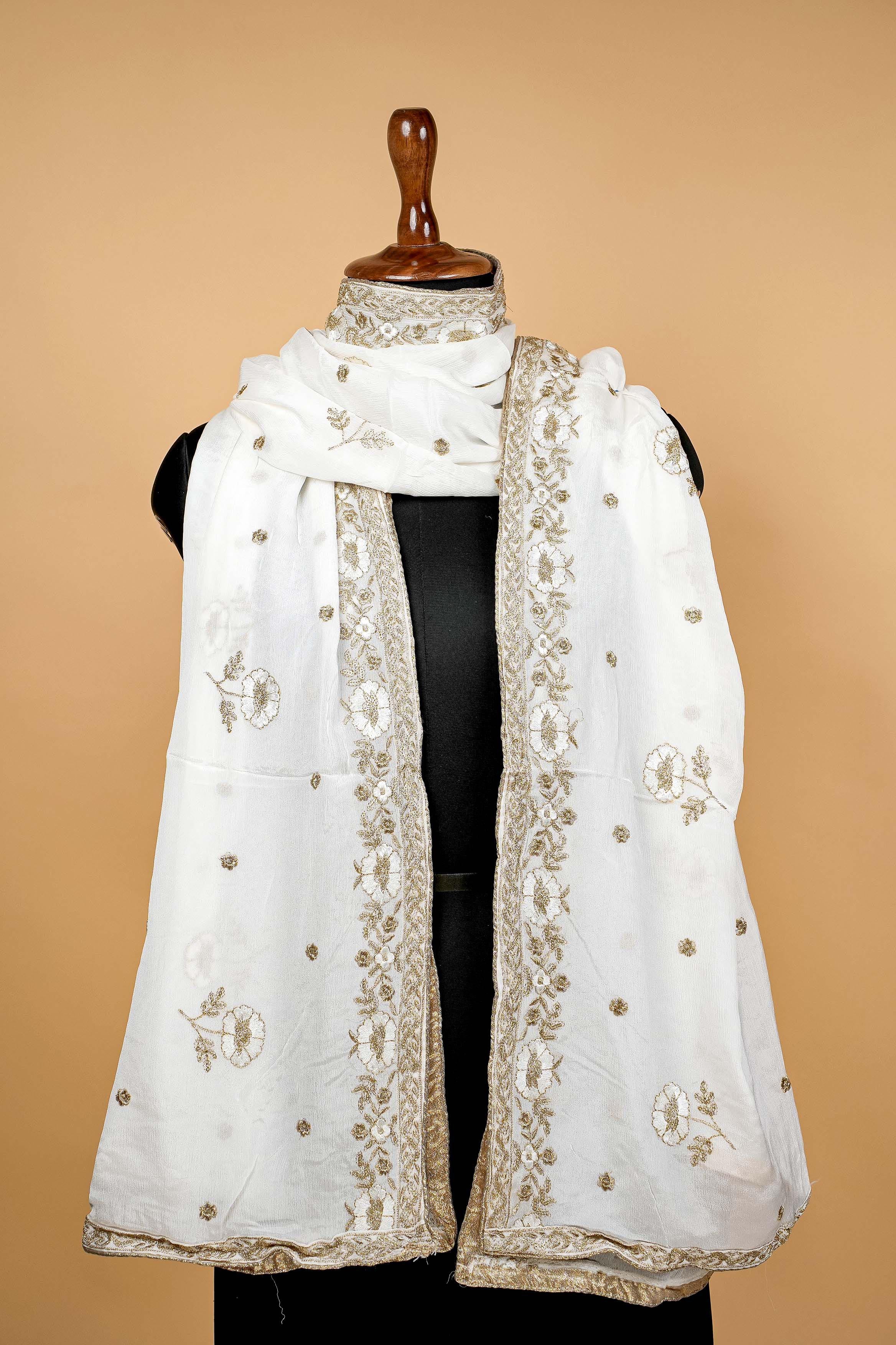 White Dupatta with Zari,sequins,threadwork and Scallop Border