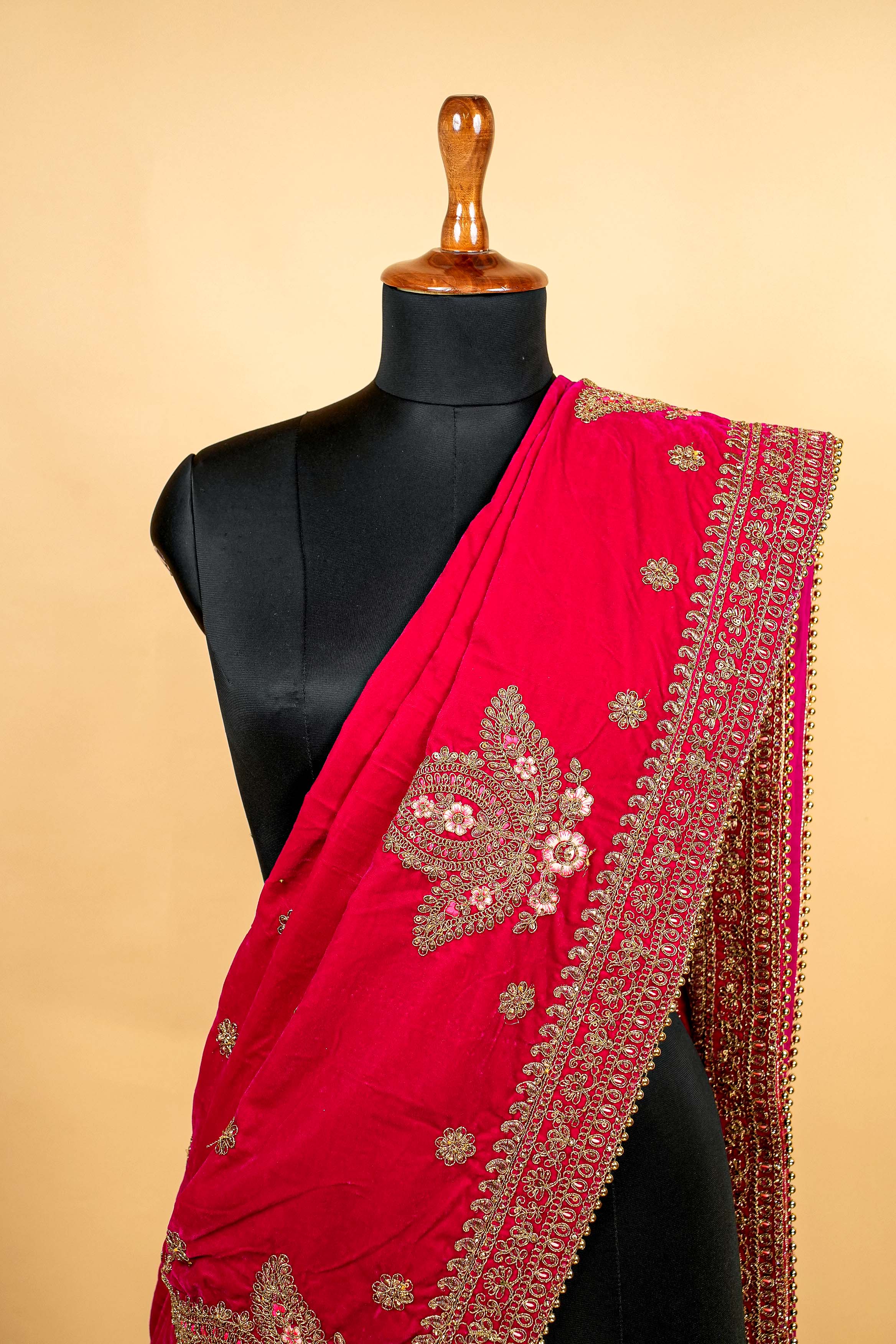 Rani Pink Dupatta With Zari,Sequins,Threadwork and Swaroski Work Allover Butti and Border