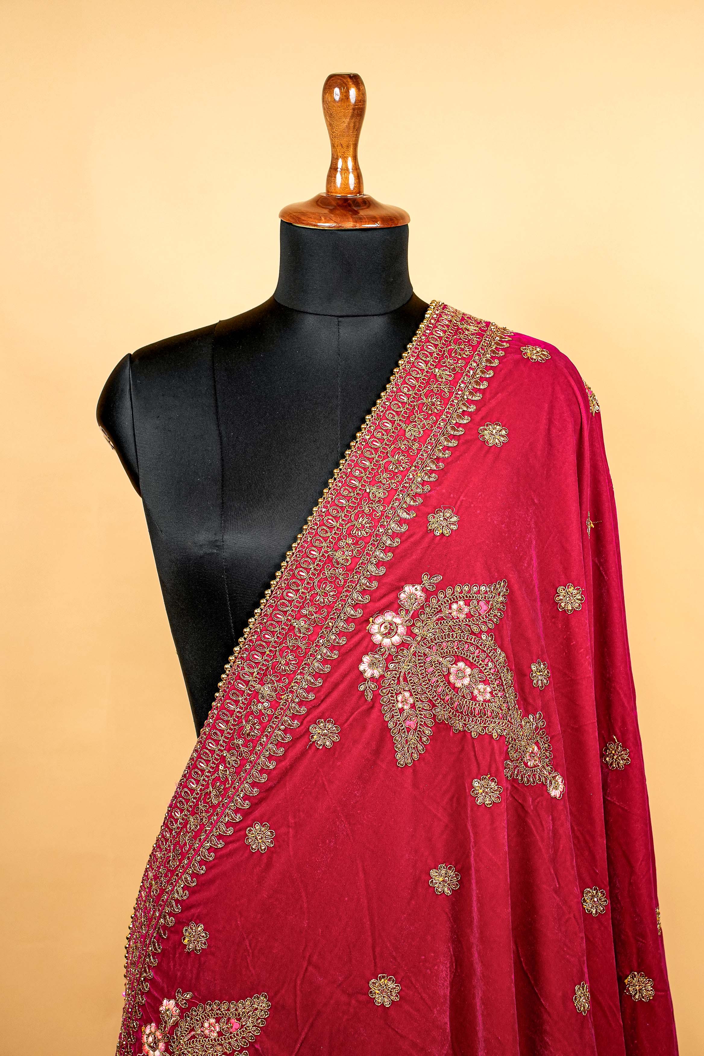 Rani Pink Dupatta With Zari,Sequins,Threadwork and Swaroski Work Allover Butti and Border