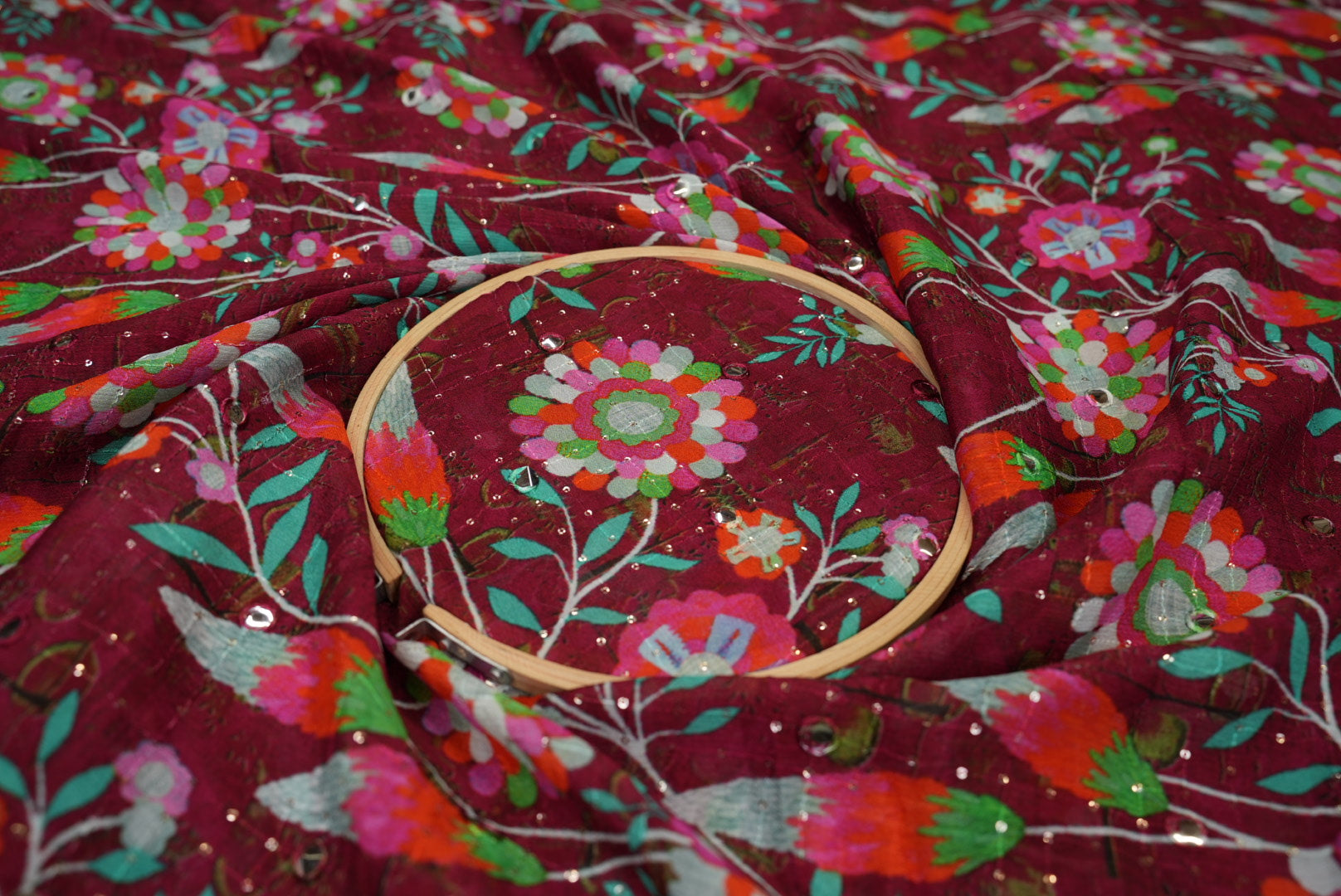 Maroon Digital Floral Chinon Chiffon with Thread, Sequins & Mirror Magic