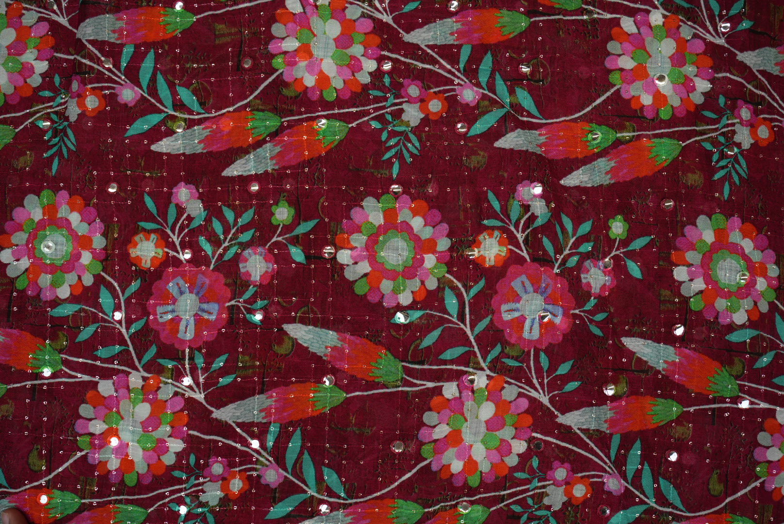 Maroon Digital Floral Chinon Chiffon with Thread, Sequins & Mirror Magic