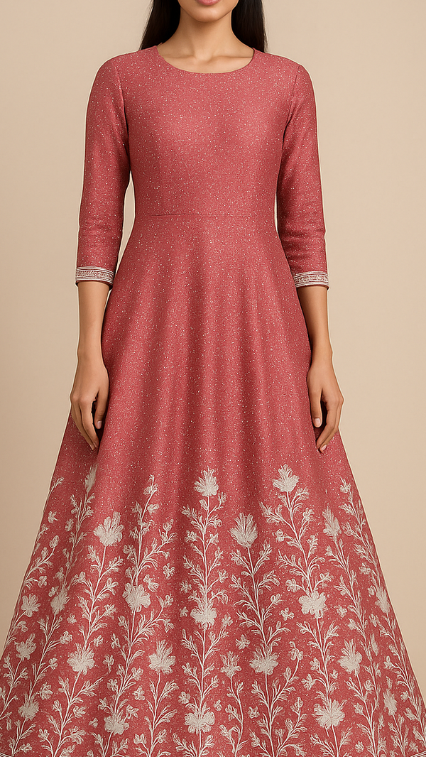 Coral Pink Silk Fabric With All Over Swarvoski Work With One Side Threadwork Border 16295