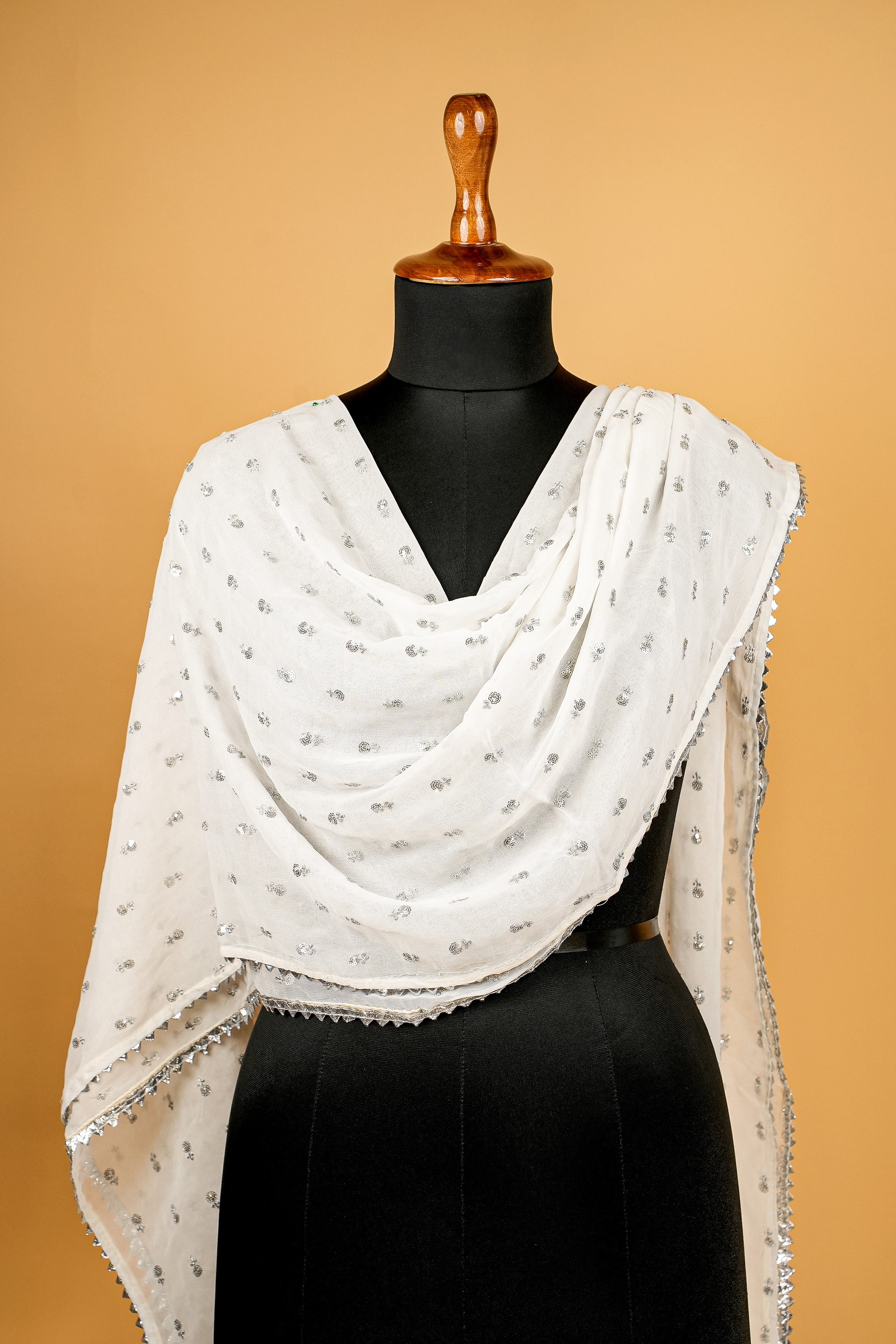 White Dupatta with Silver Zari work, Sequins Butti allover and Gotta Lace Border