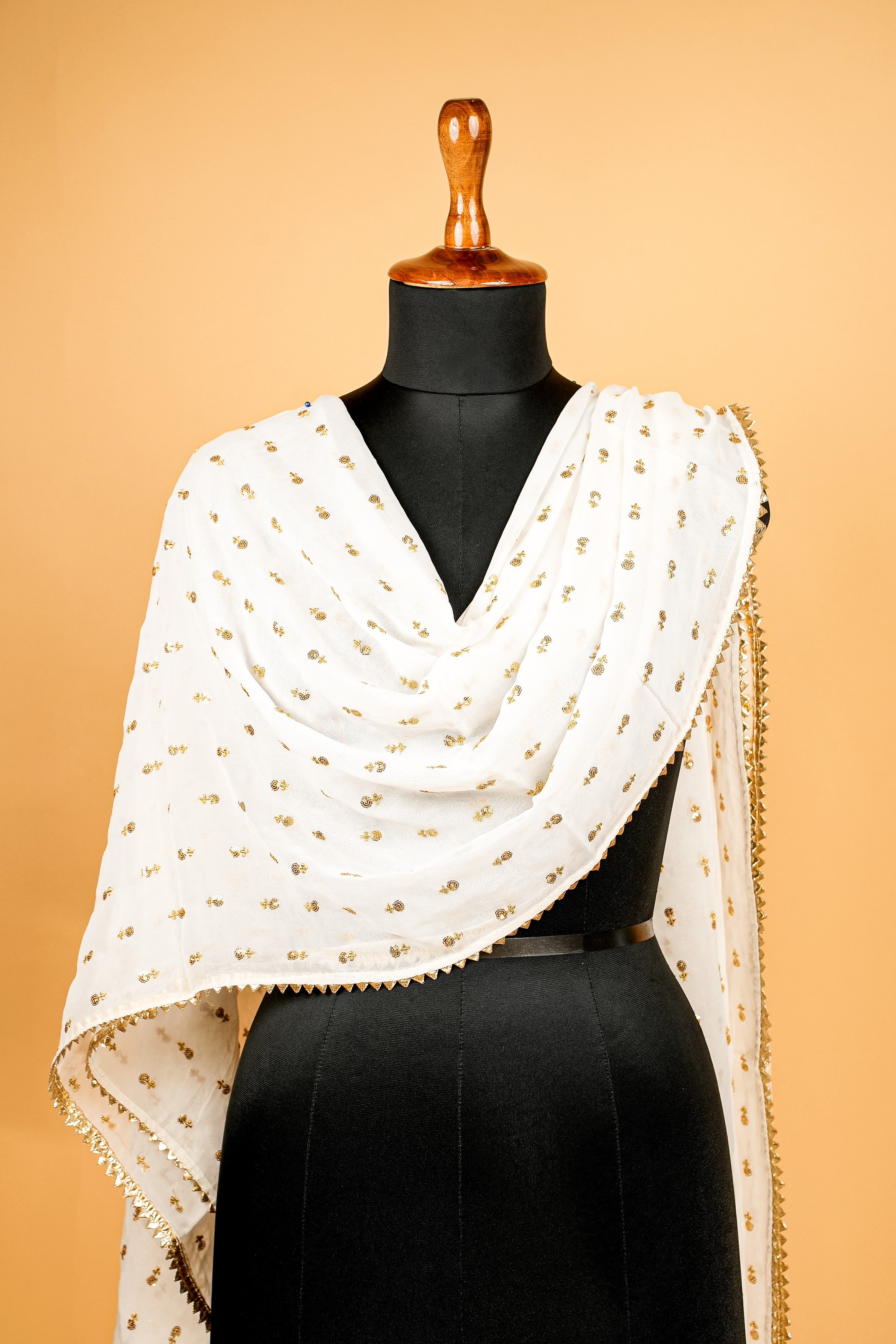 White Dupatta with Golden Zari work, Sequins Butti allover and Gotta Lace Border