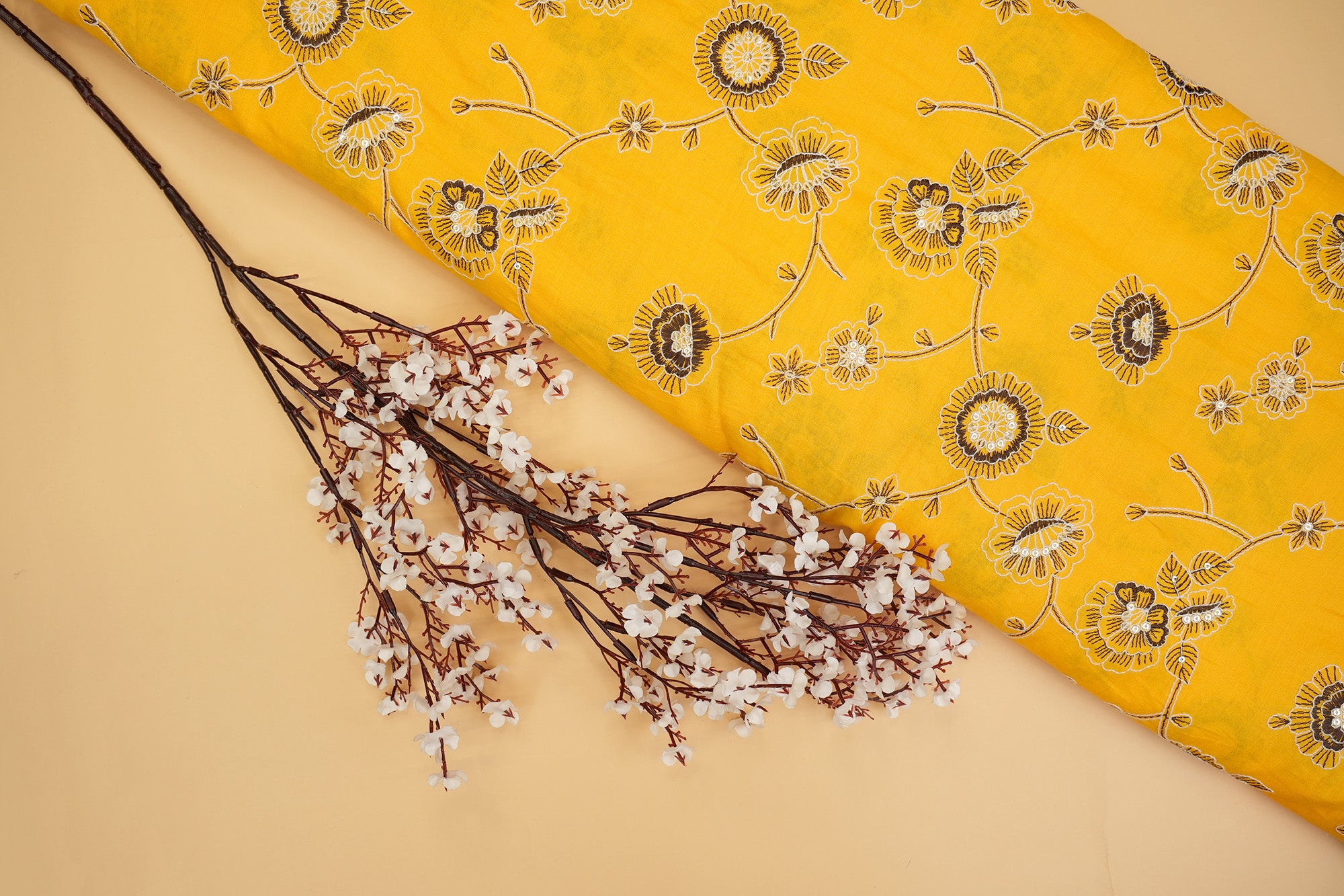 Yellow cotton sequins with floral jaali pattern embroidery