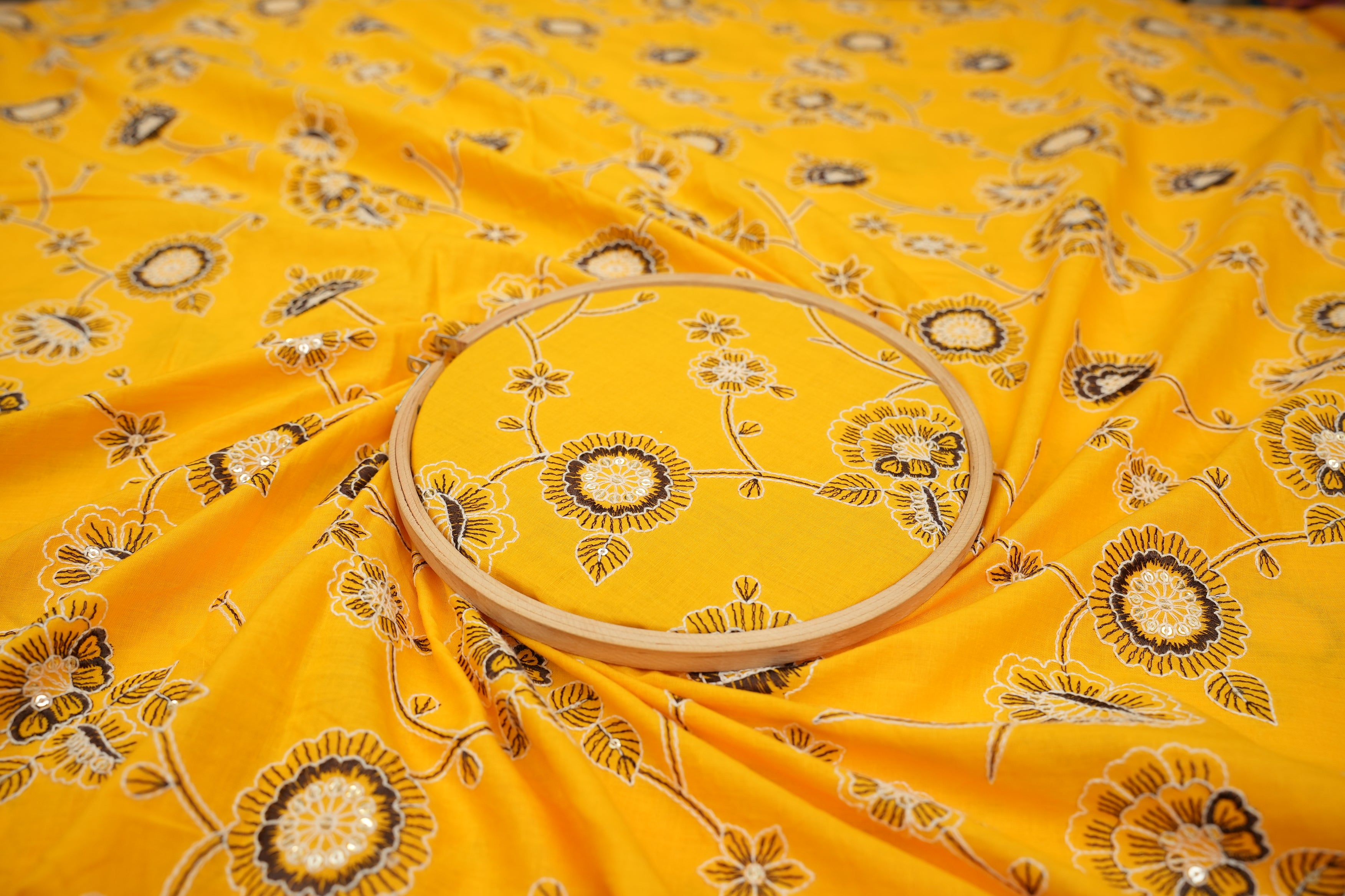 Yellow cotton sequins with floral jaali pattern embroidery