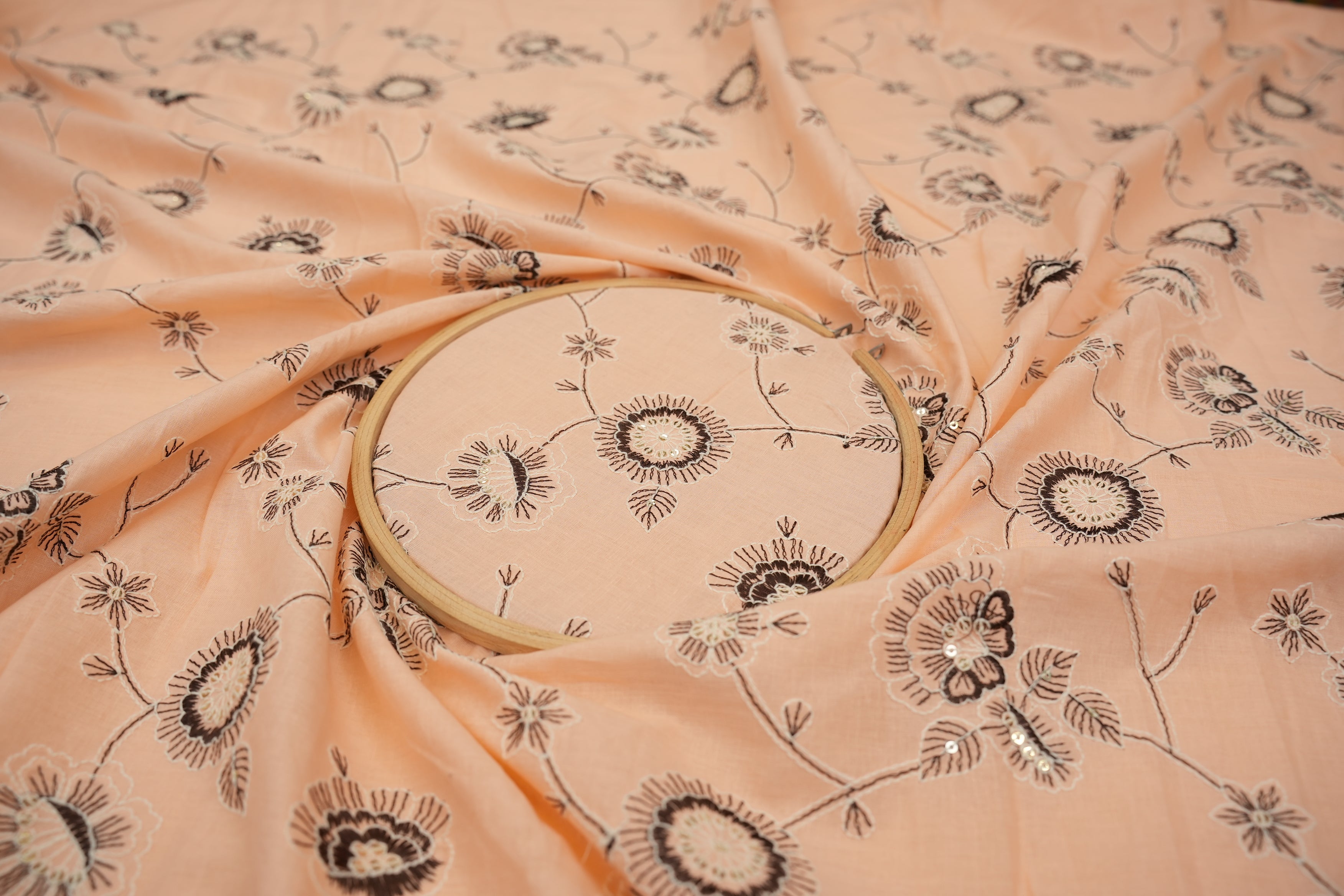 Peach cotton sequins with floral jaali pattern embroidery