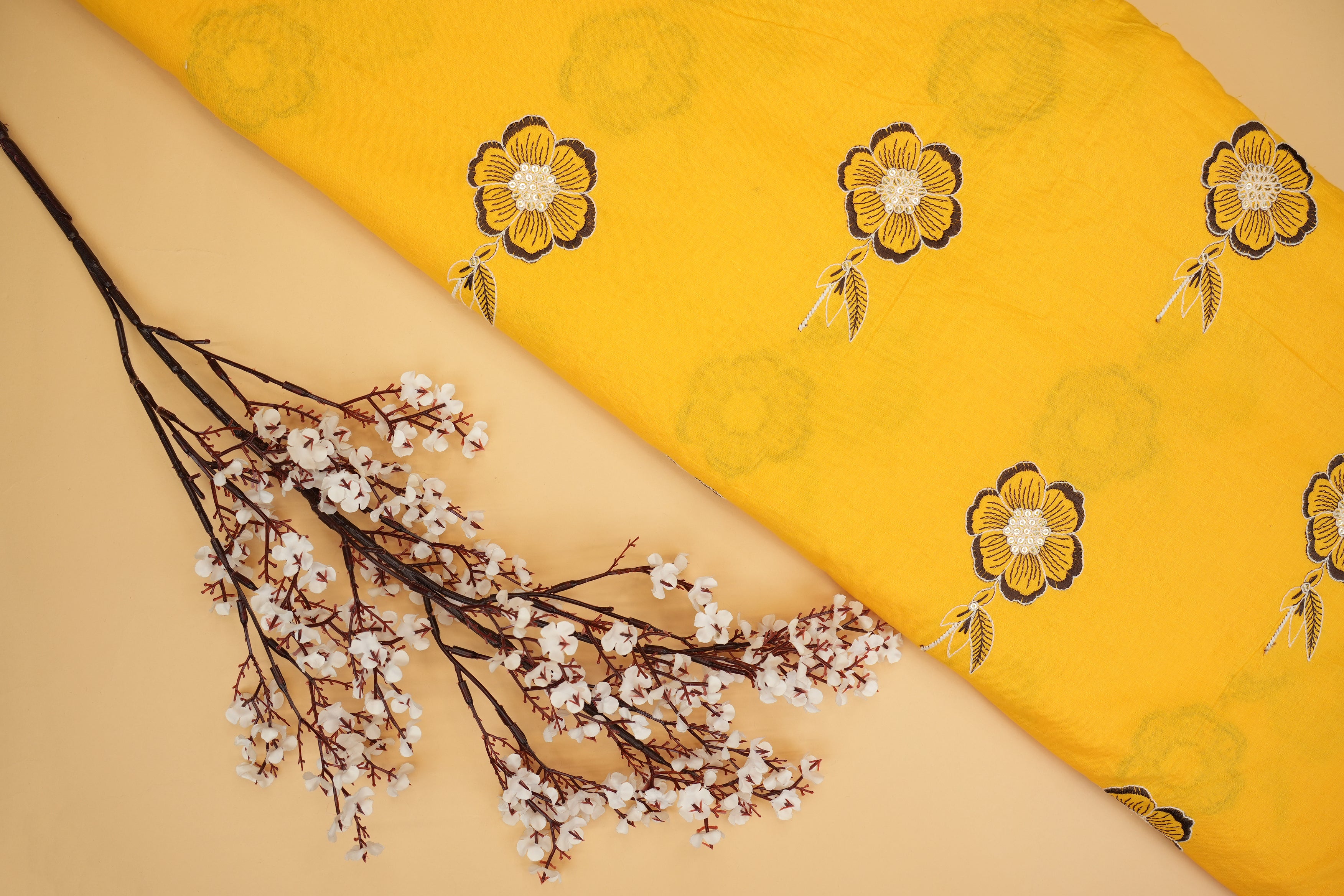 Yellow Colour cotton sequins with floral pattern threadwork  embroidery