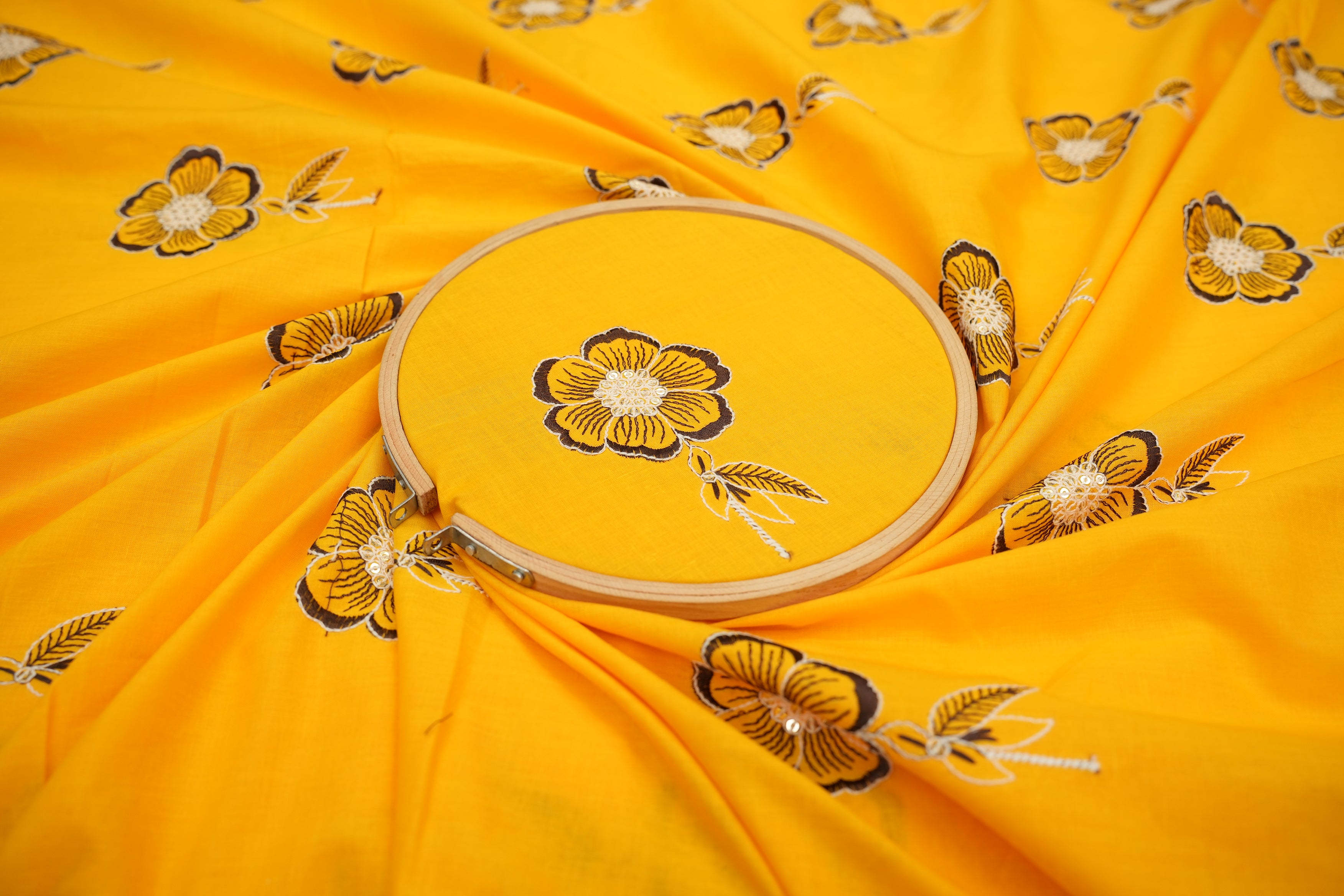 Yellow Colour cotton sequins with floral pattern threadwork  embroidery