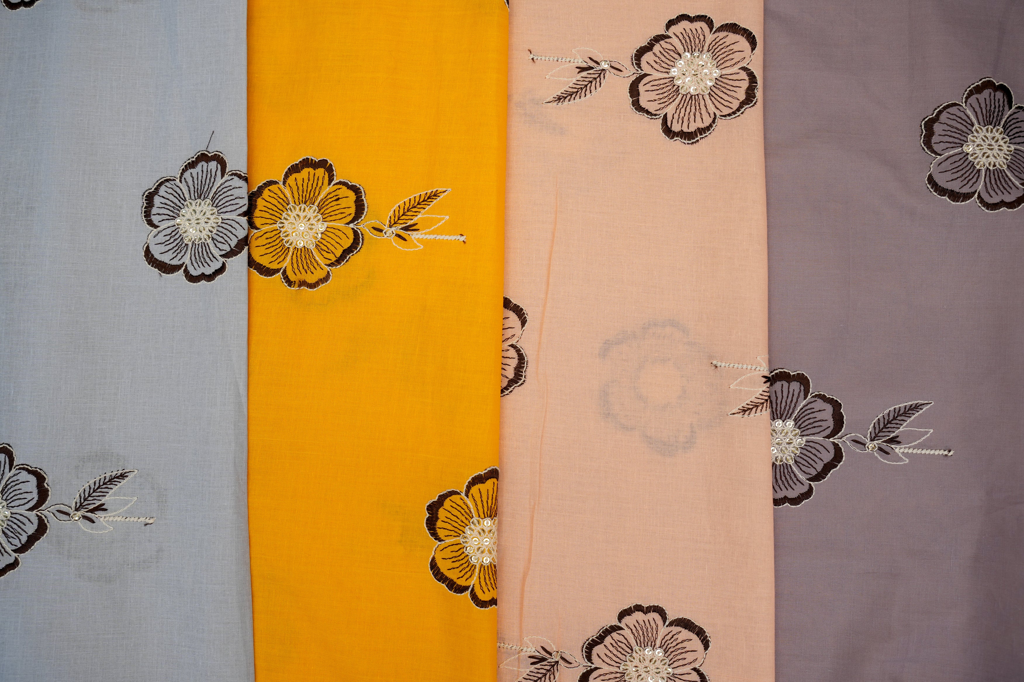 Yellow Colour cotton sequins with floral pattern threadwork  embroidery