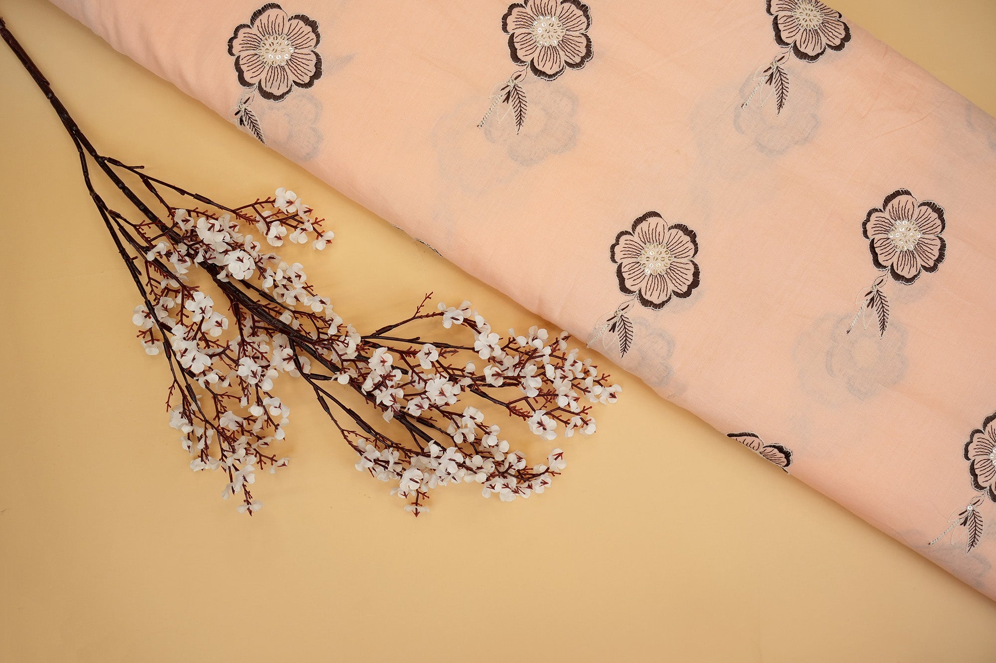 Peach Colour cotton sequins with floral pattern threadwork  embroidery