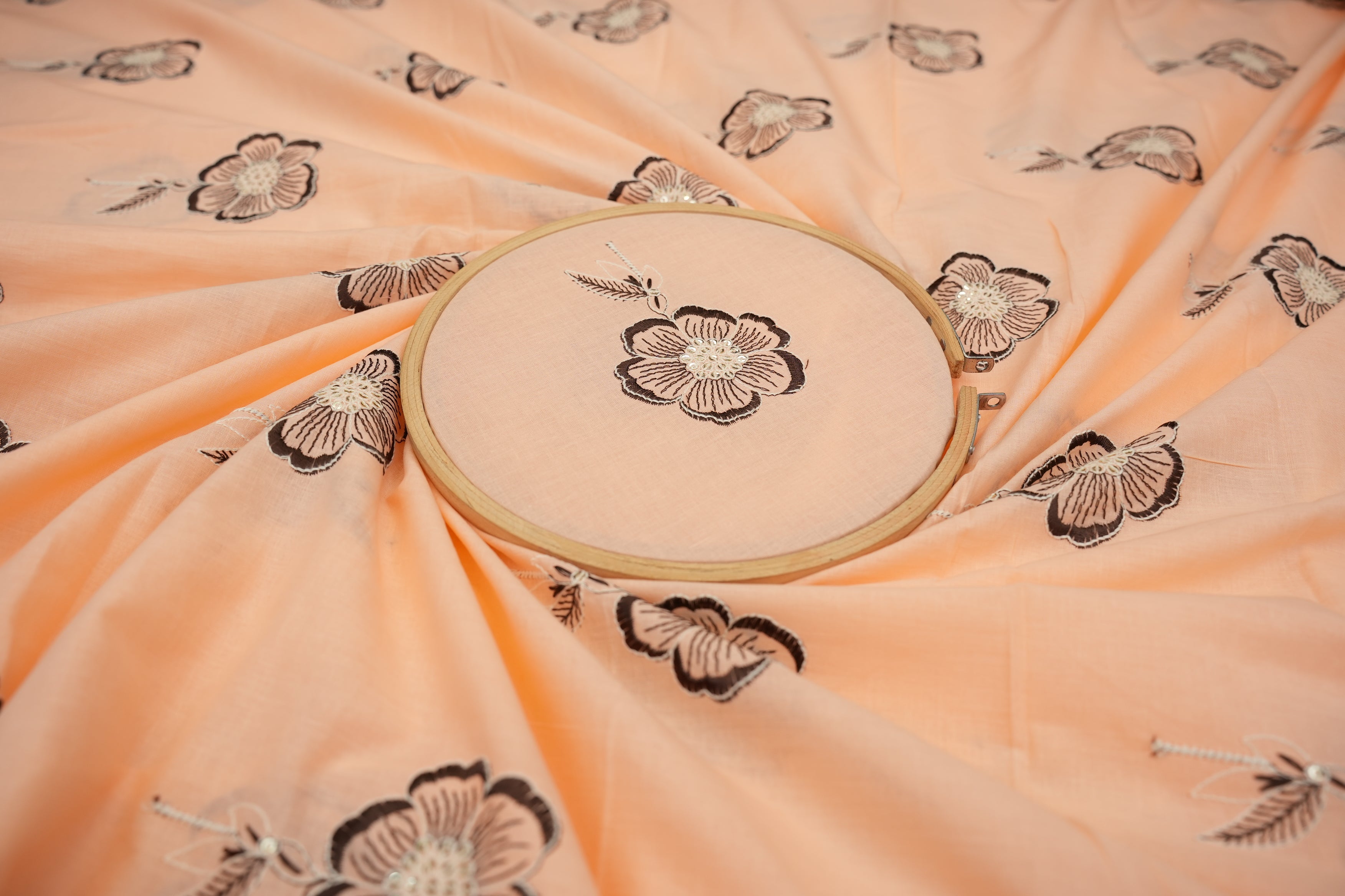 Peach Colour cotton sequins with floral pattern threadwork  embroidery