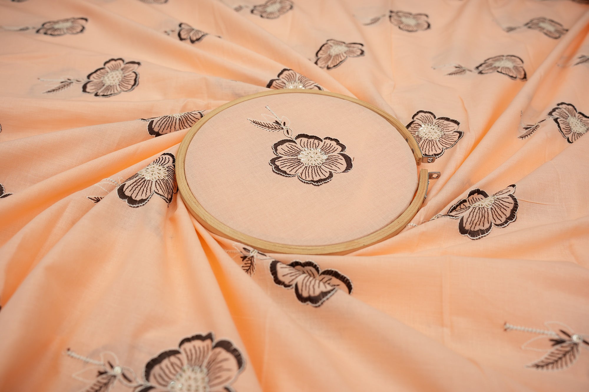 Peach Colour cotton sequins with floral pattern threadwork  embroidery