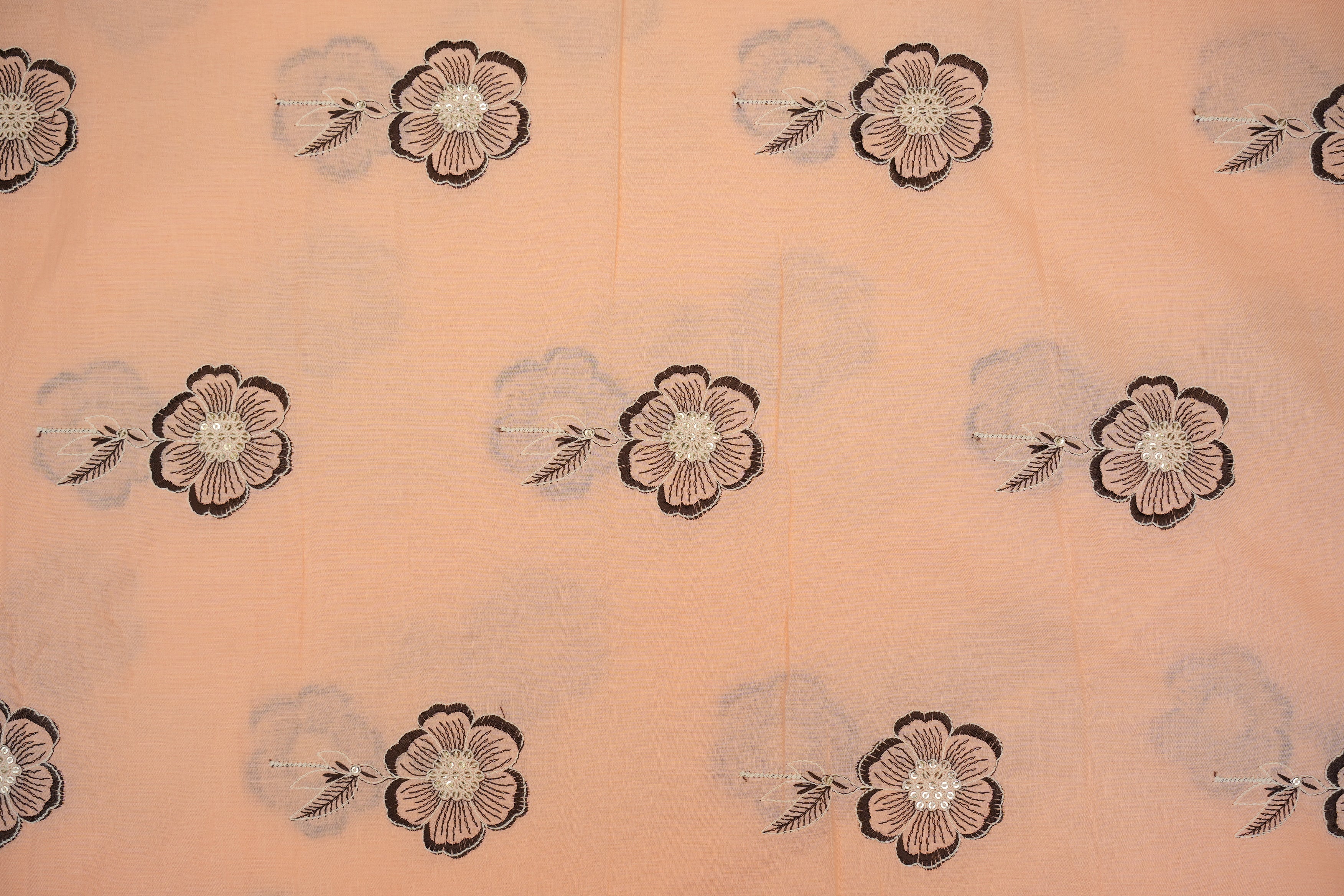 Peach Colour cotton sequins with floral pattern threadwork  embroidery