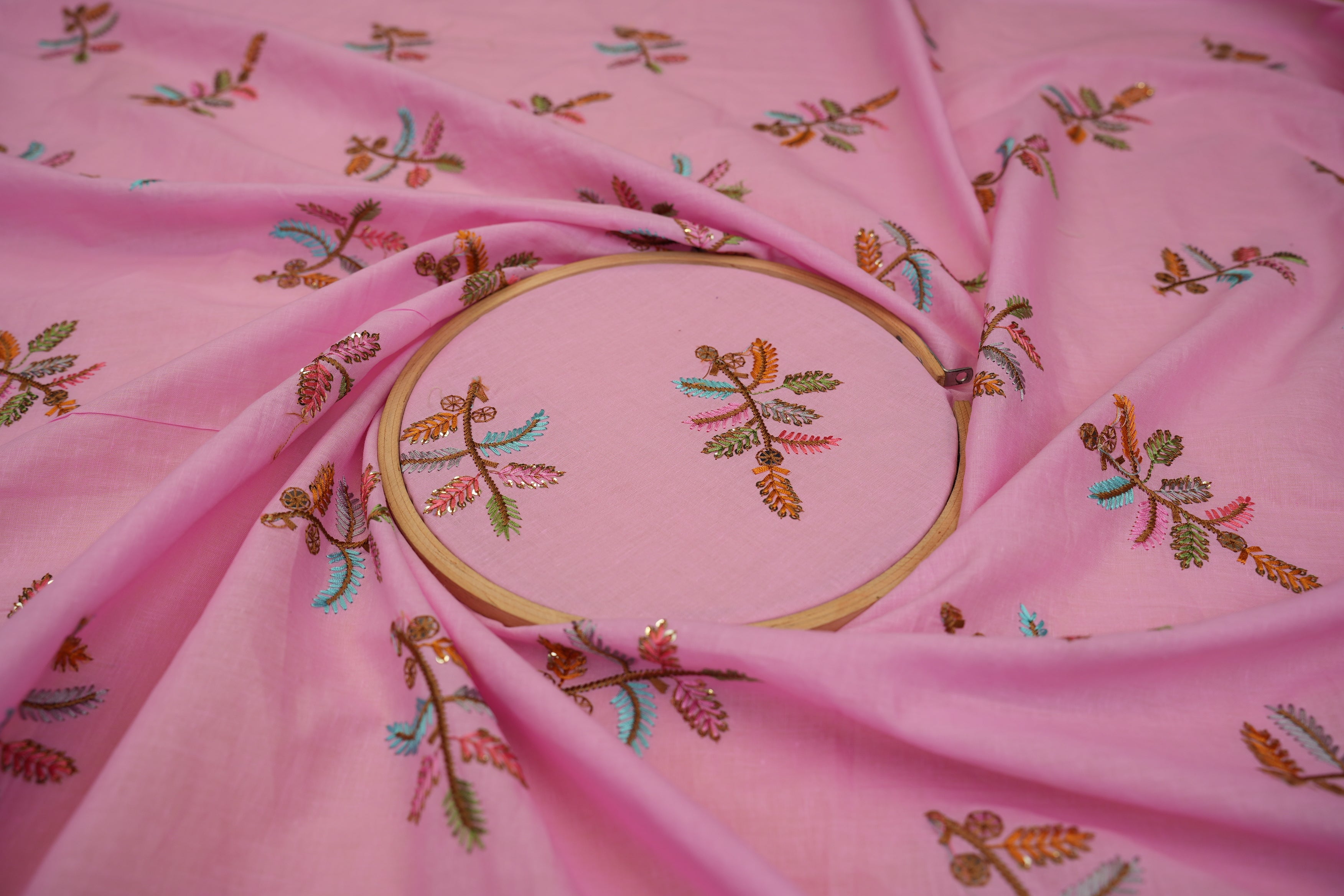 Pink cotton sequins with floral pattern  threadwork embroidery