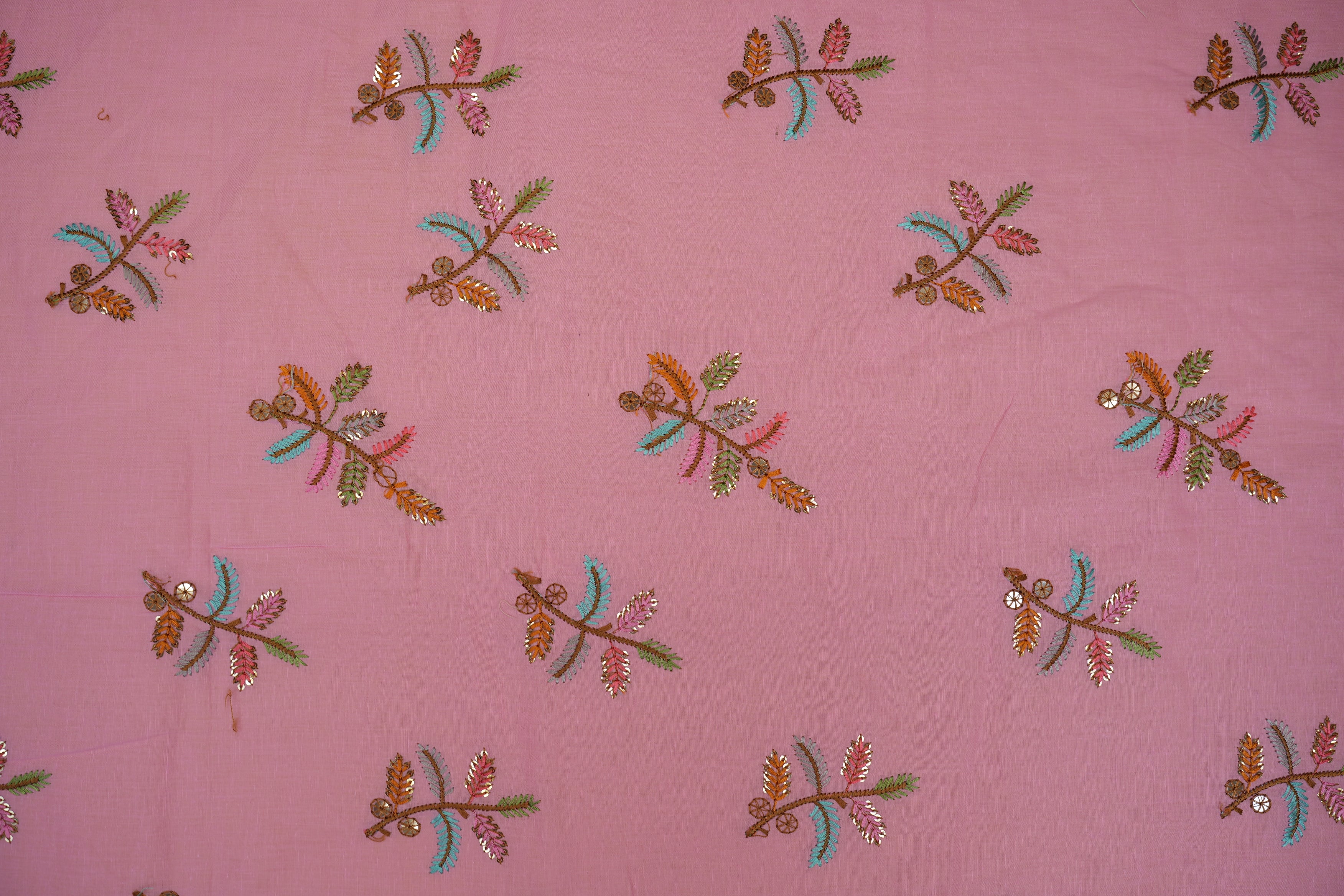 Pink cotton sequins with floral pattern  threadwork embroidery