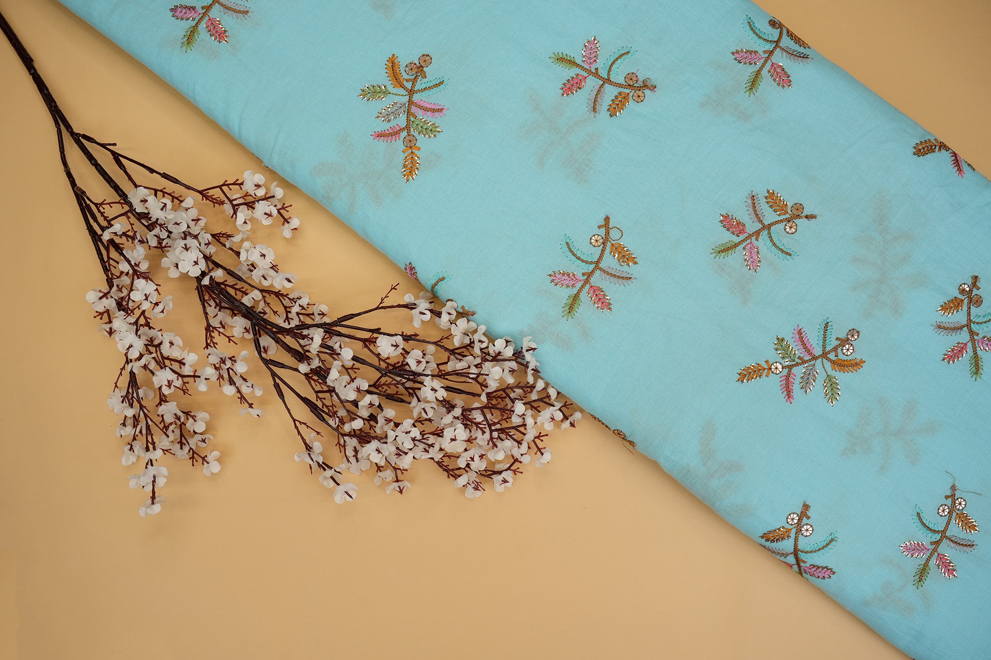 Blue cotton sequins with floral pattern  threadwork embroidery