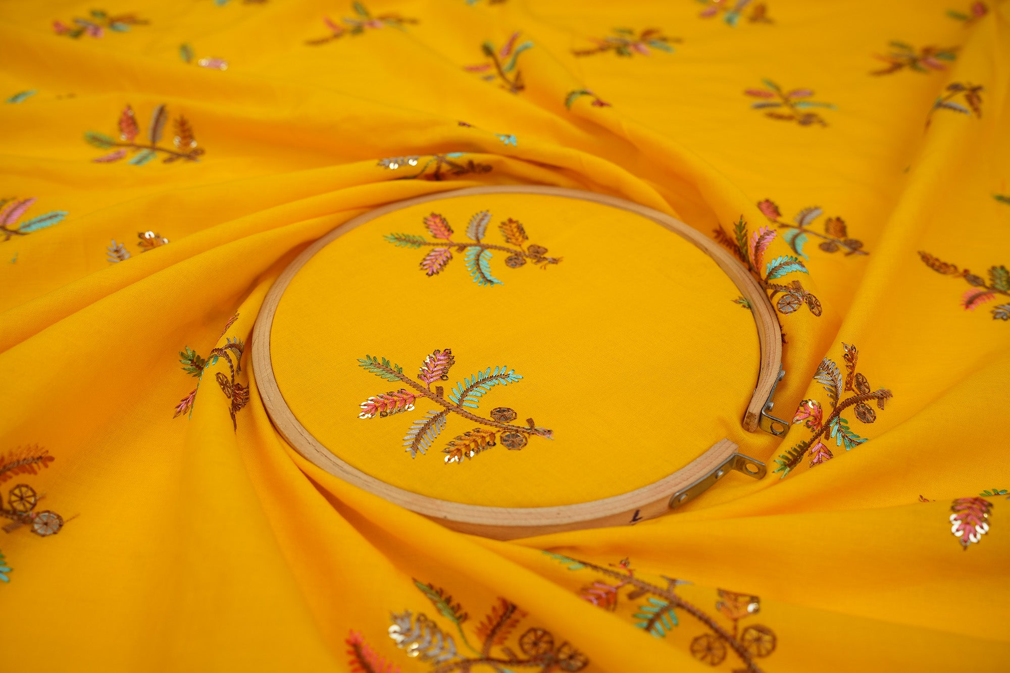 Yellow cotton sequins with floral pattern  threadwork embroidery