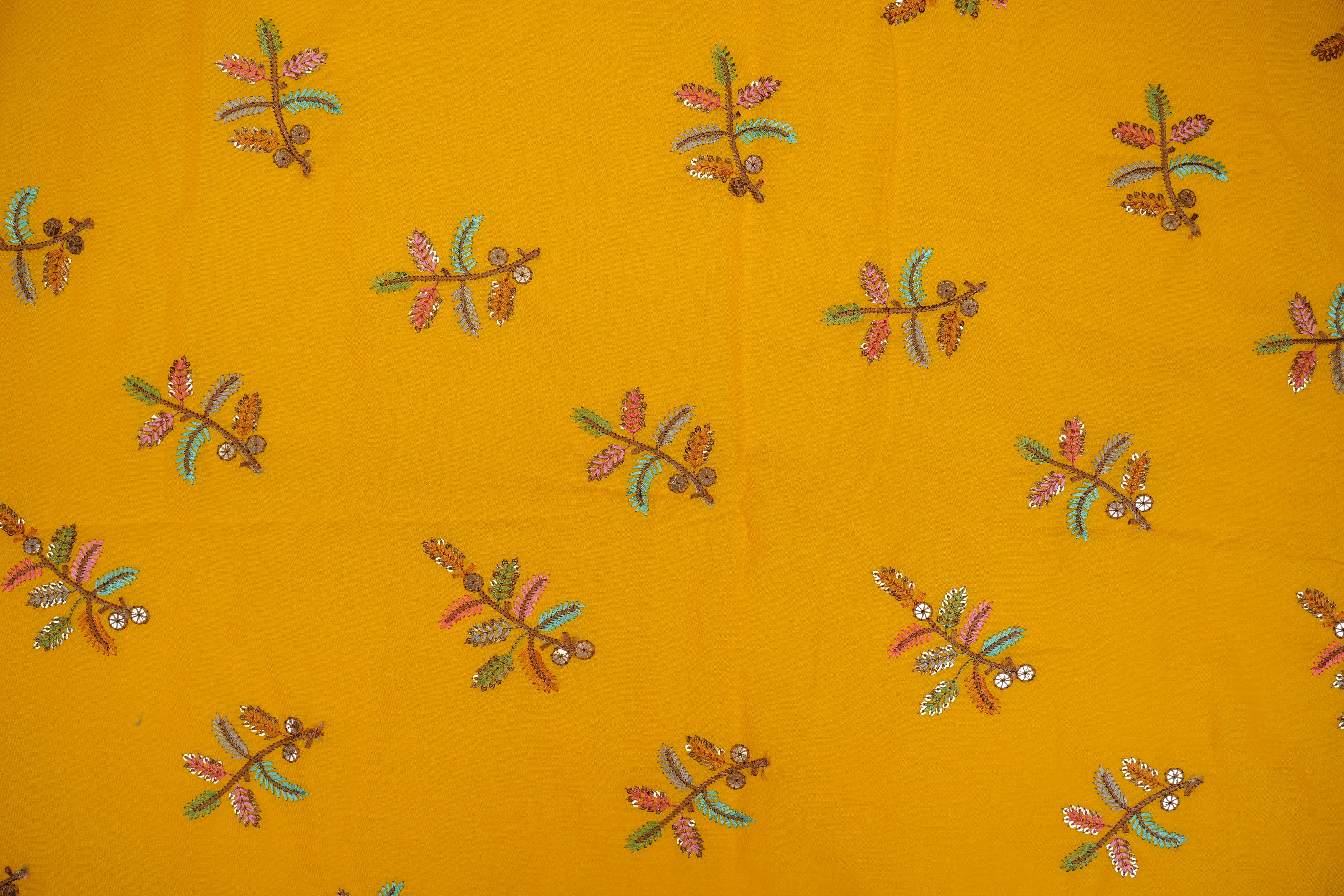 Yellow cotton sequins with floral pattern  threadwork embroidery