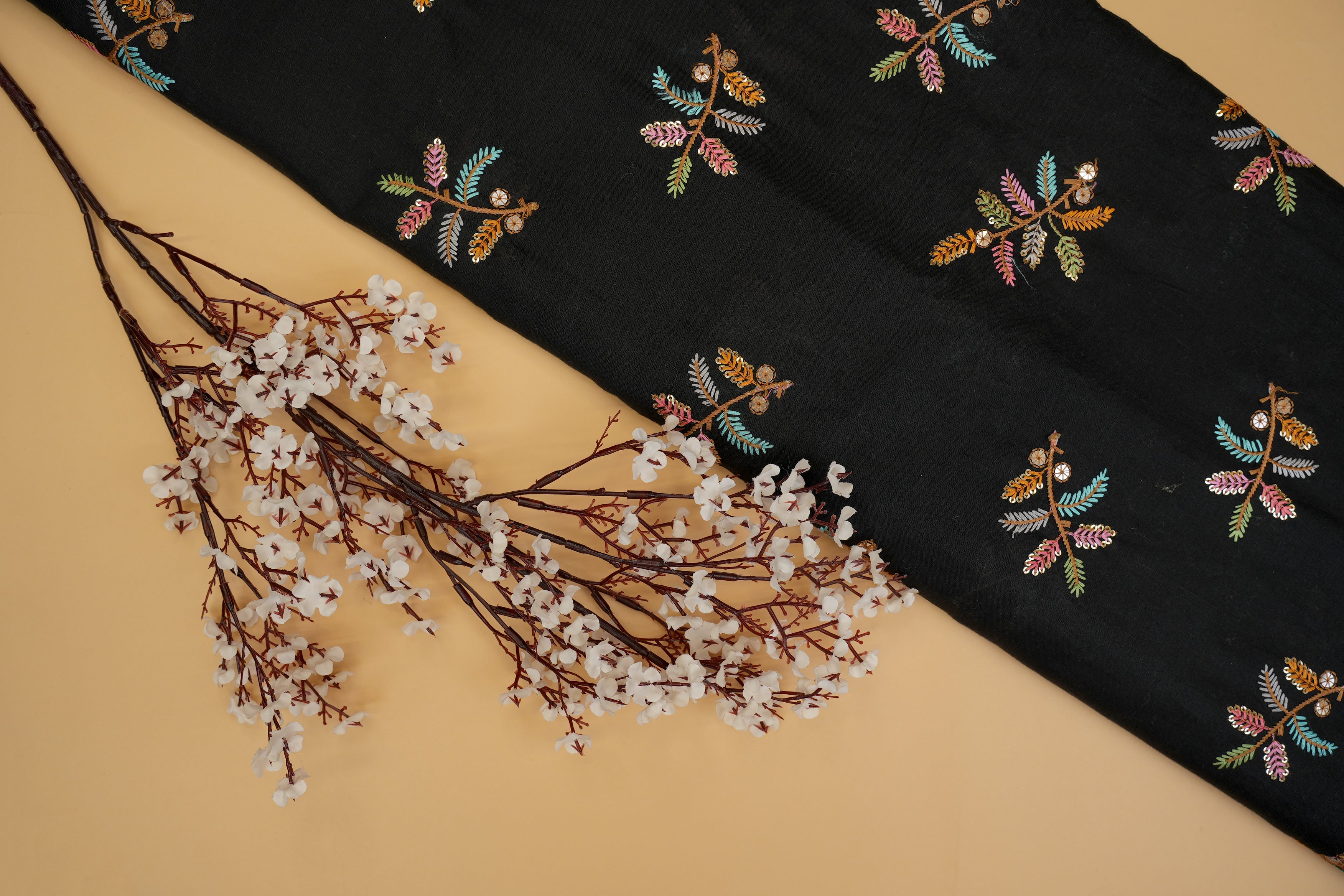 Black cotton sequins with floral pattern  threadwork embroidery