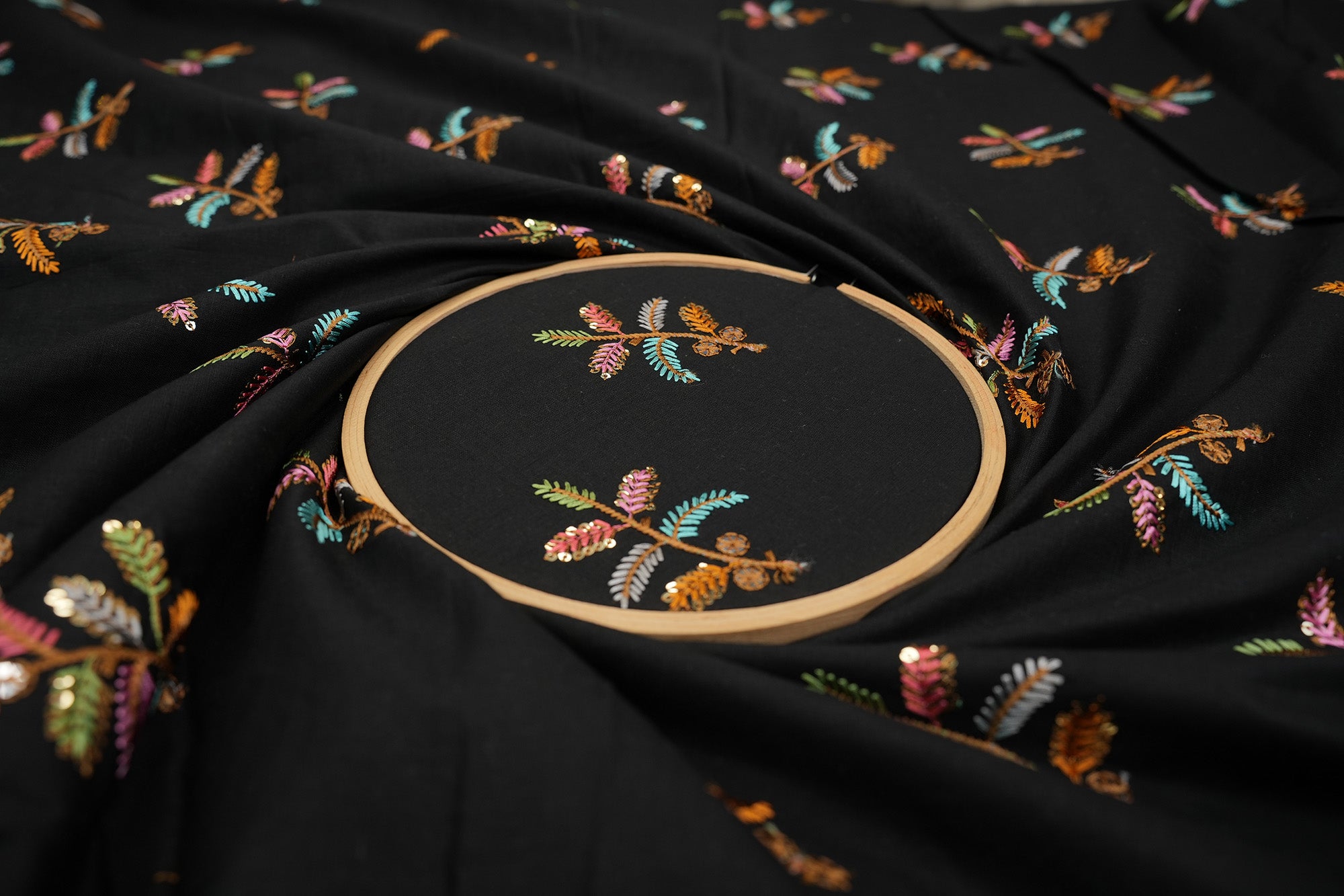 Black cotton sequins with floral pattern  threadwork embroidery