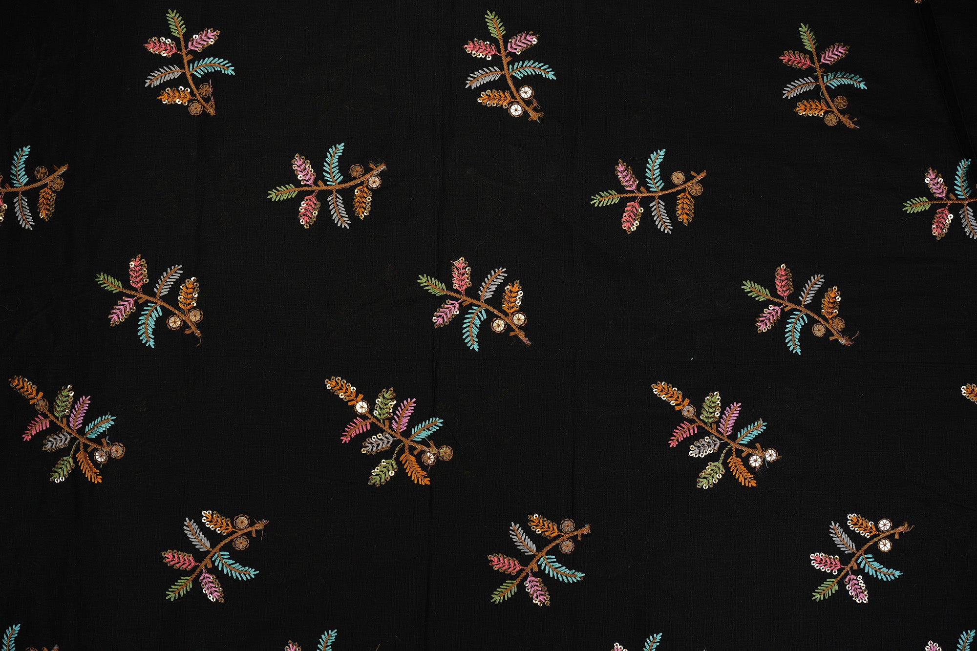 Black cotton sequins with floral pattern  threadwork embroidery