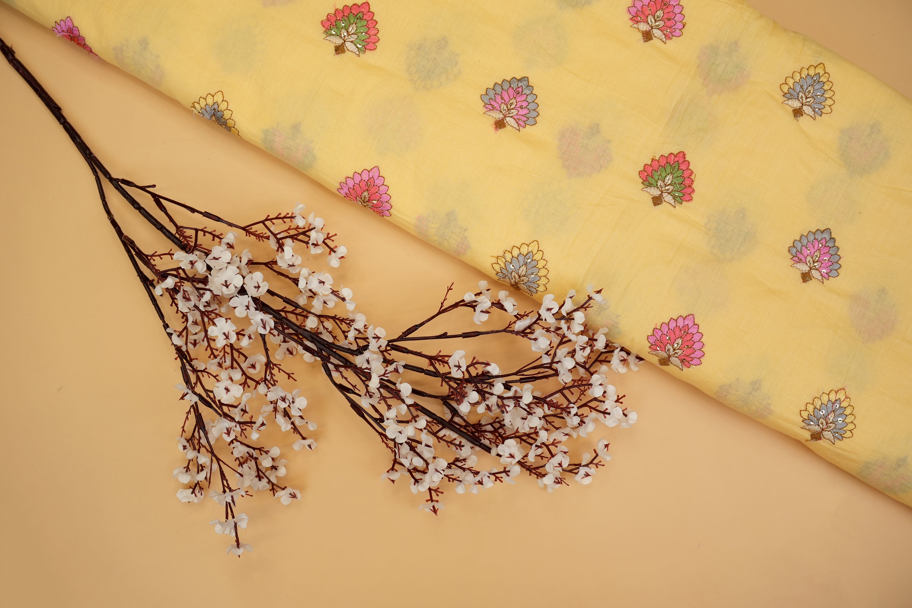 Yellow cotton sequins with floral pattern  threadwork embroidery