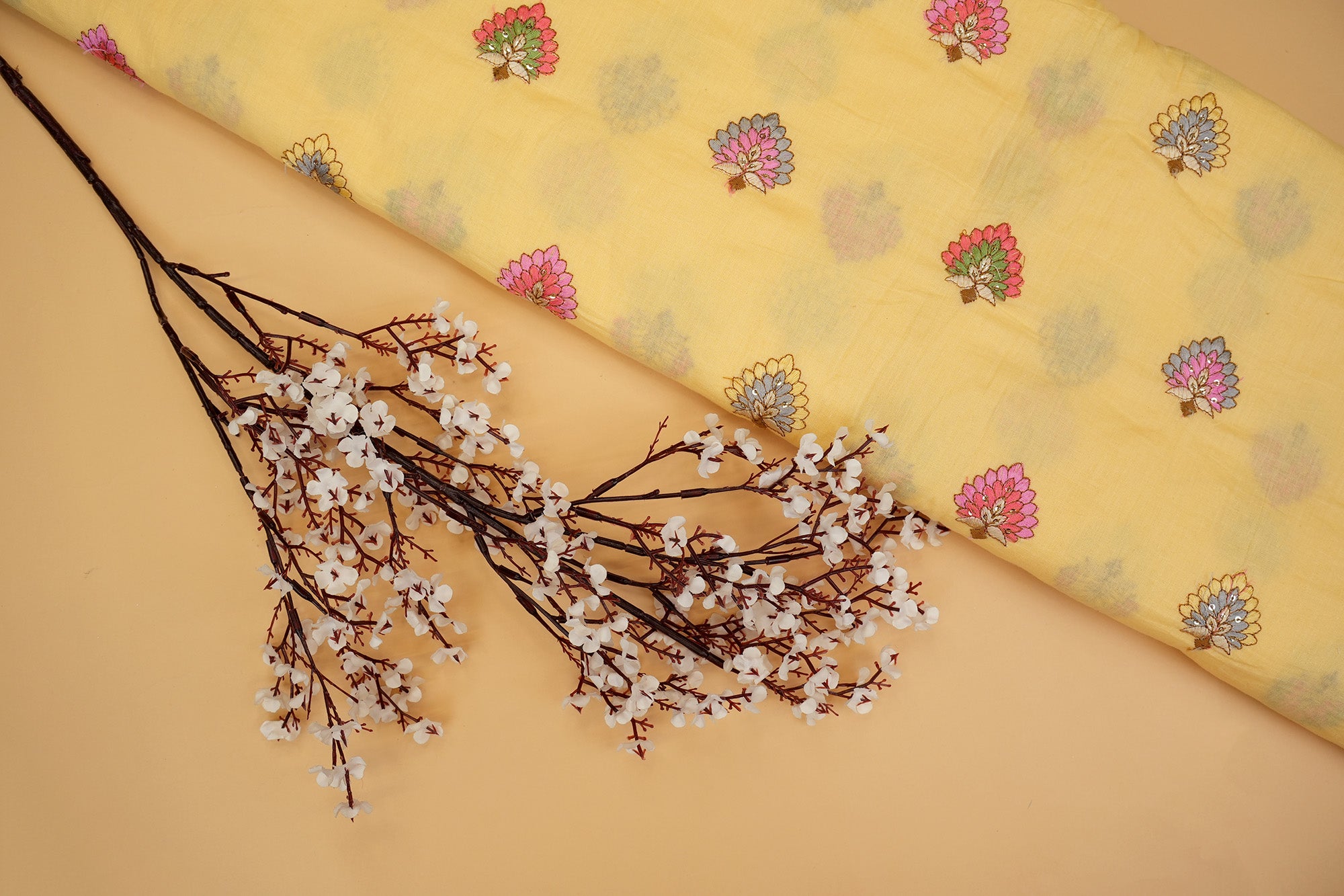 Yellow cotton sequins with floral pattern  threadwork embroidery