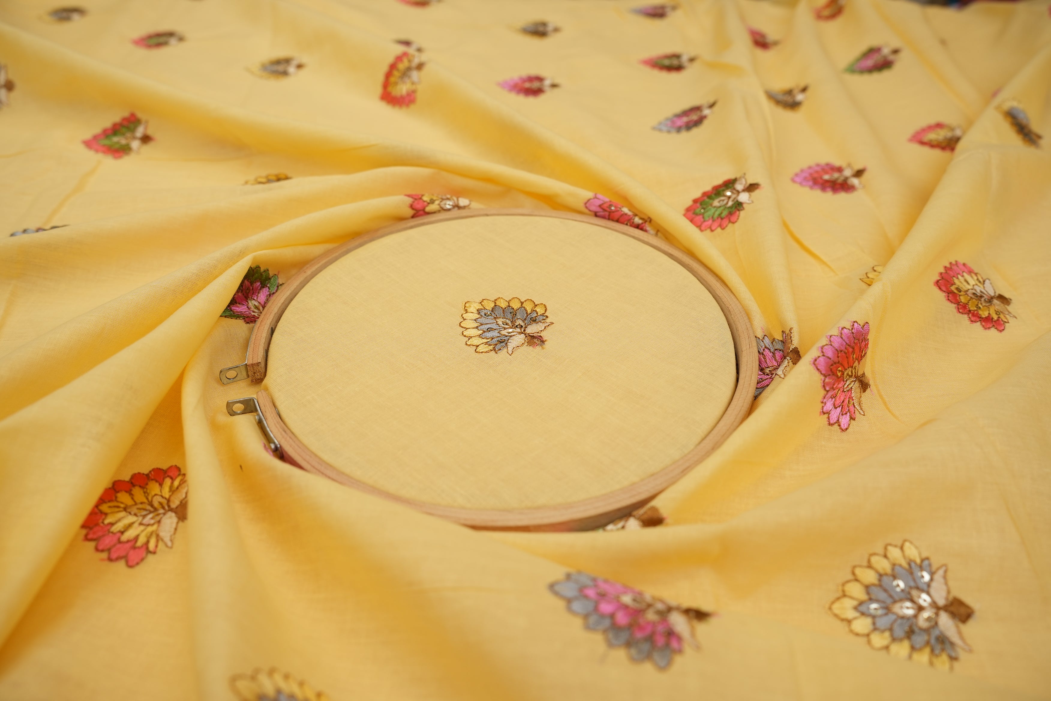 Yellow cotton sequins with floral pattern  threadwork embroidery