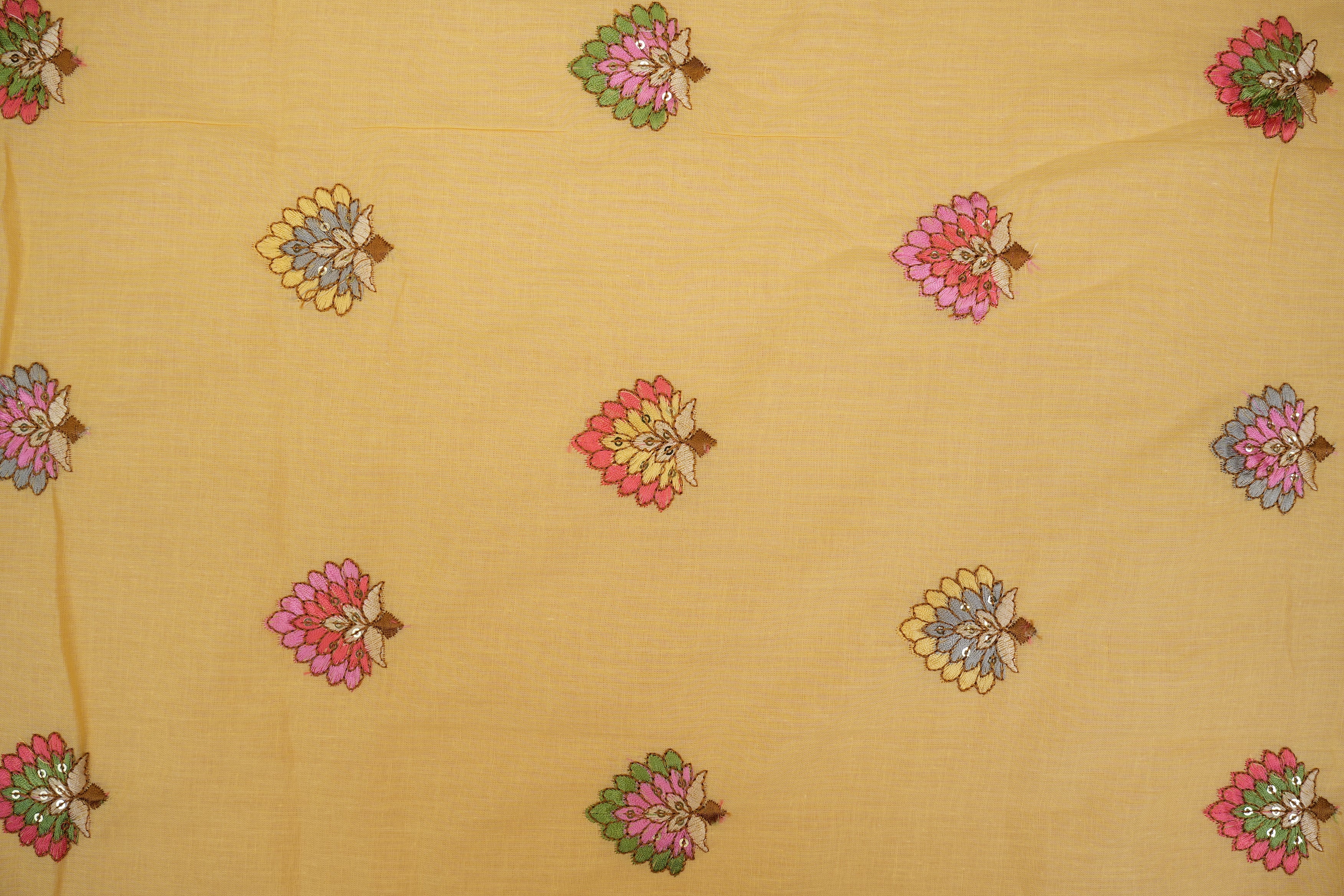 Yellow cotton sequins with floral pattern  threadwork embroidery