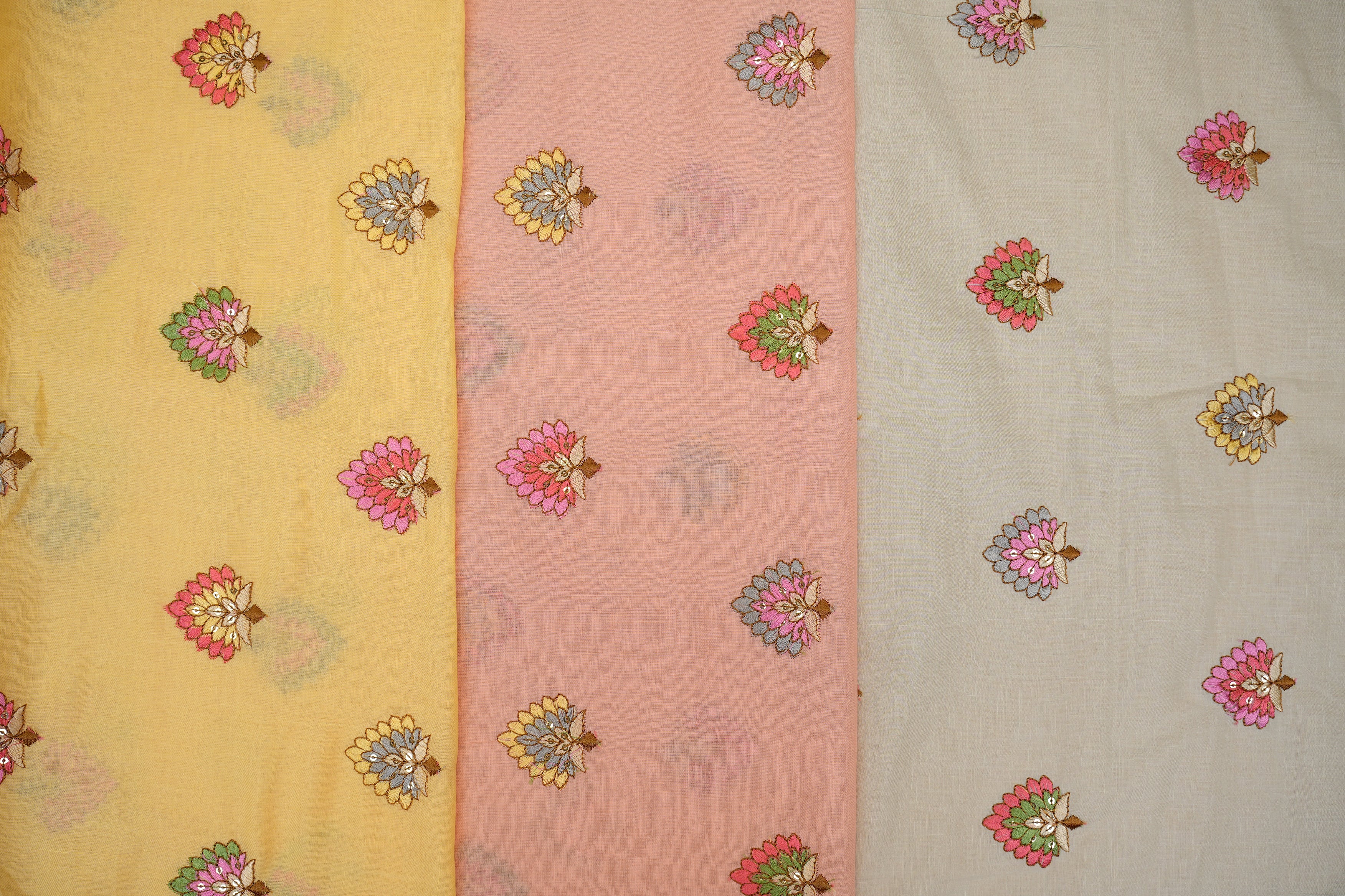 Yellow cotton sequins with floral pattern  threadwork embroidery