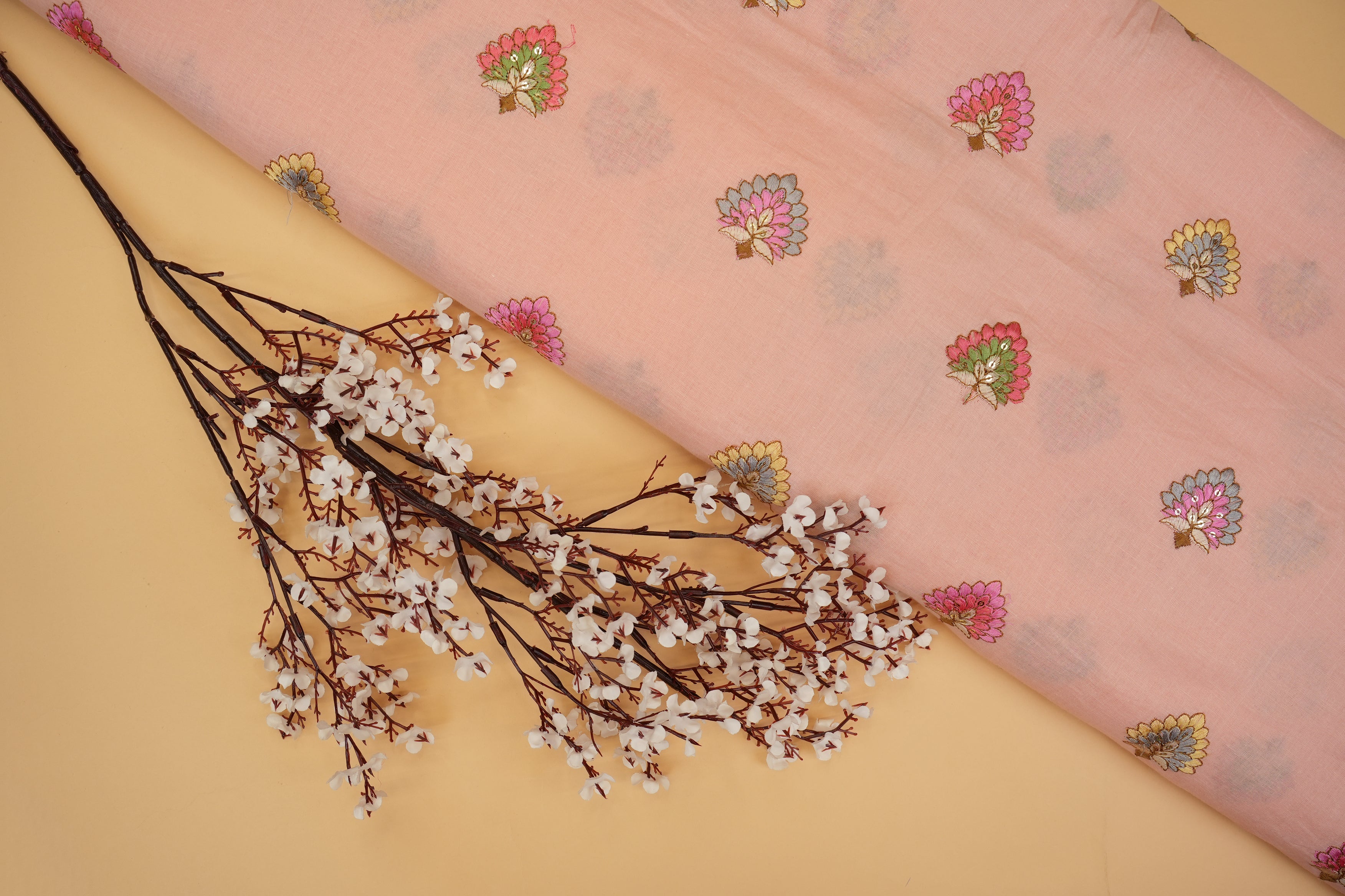 Peach cotton sequins with floral pattern  threadwork embroidery