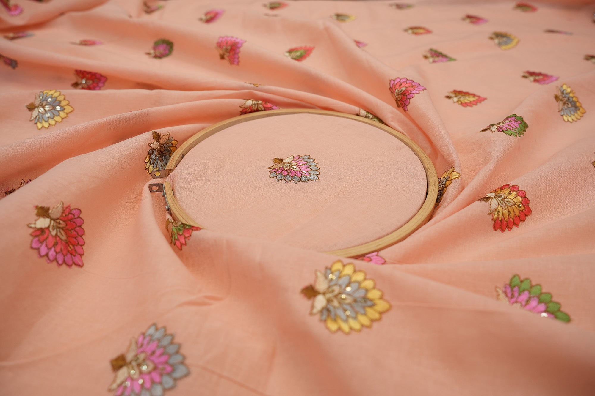 Peach cotton sequins with floral pattern  threadwork embroidery